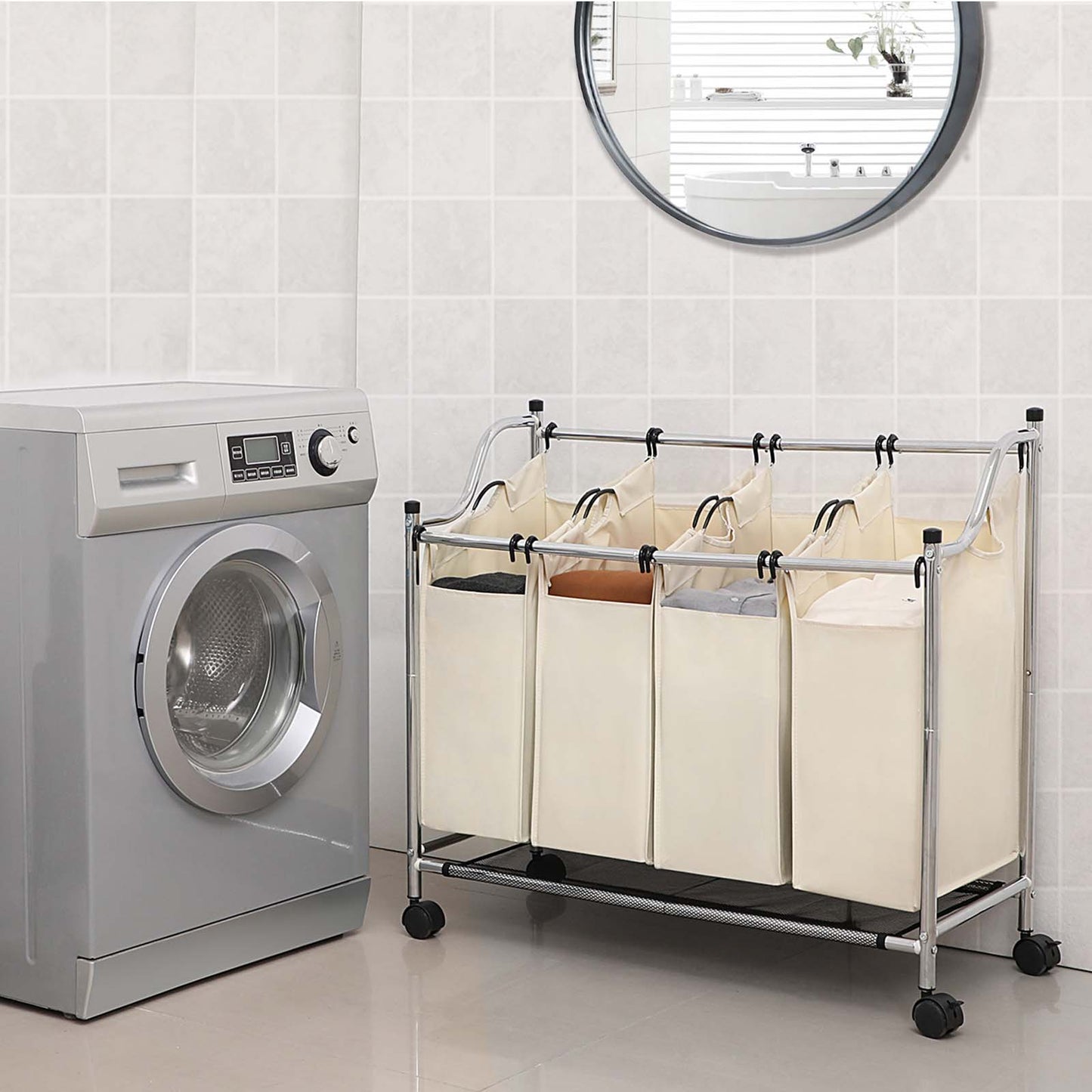 Cesto Portabiancheria, 4 x 35 L, Mobile Portabiancheria, con 4 Sacchi Rimovibili, Carrello per Lavanderia, Grigio, SONGMICS, 5