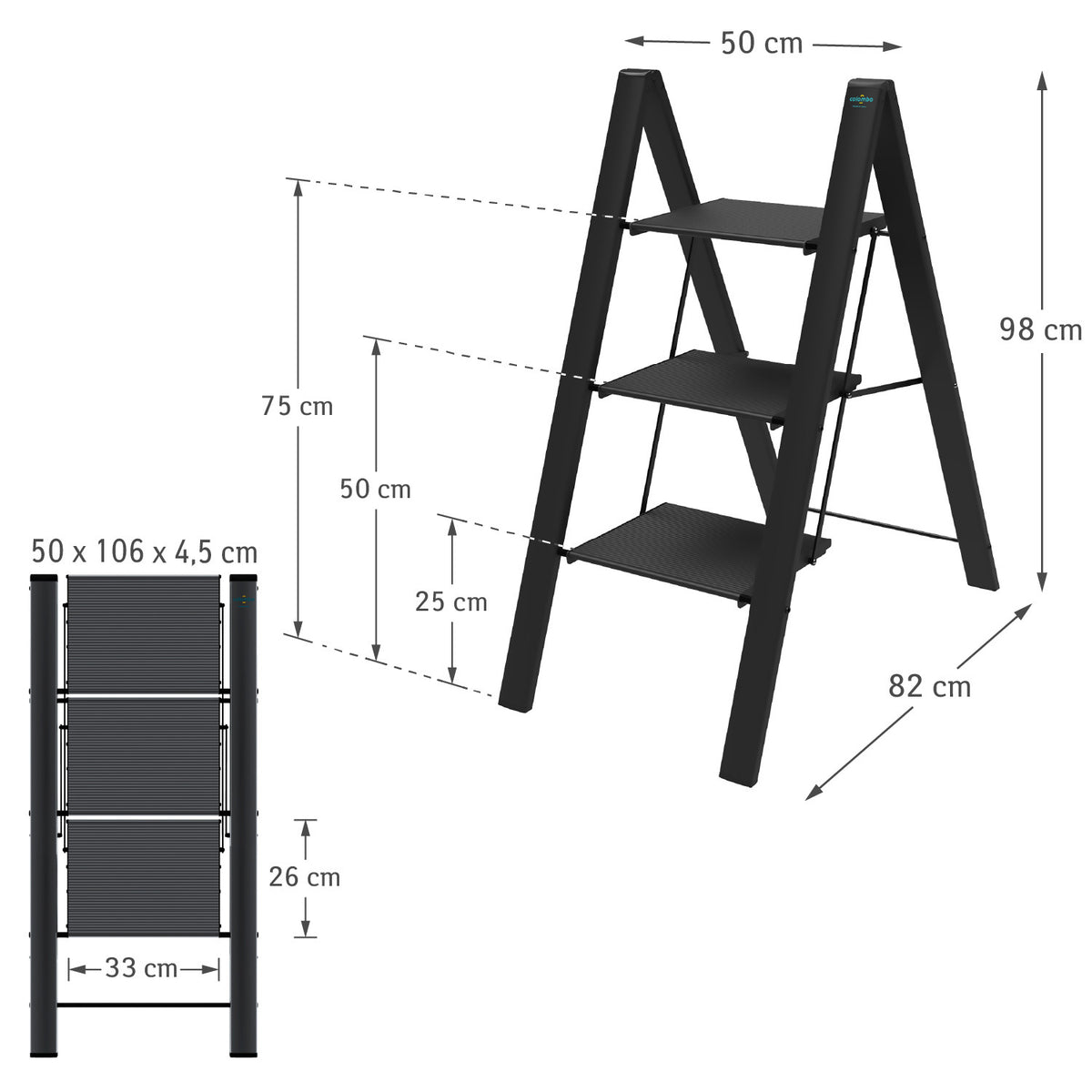 Scala a pioli, Scaletta 3 gradini, Scaletta Pieghevole, Scaletta alluminio, fino a 150 kg antiscivolo, scala leggera, Nero, Colombo Leonardo 3
