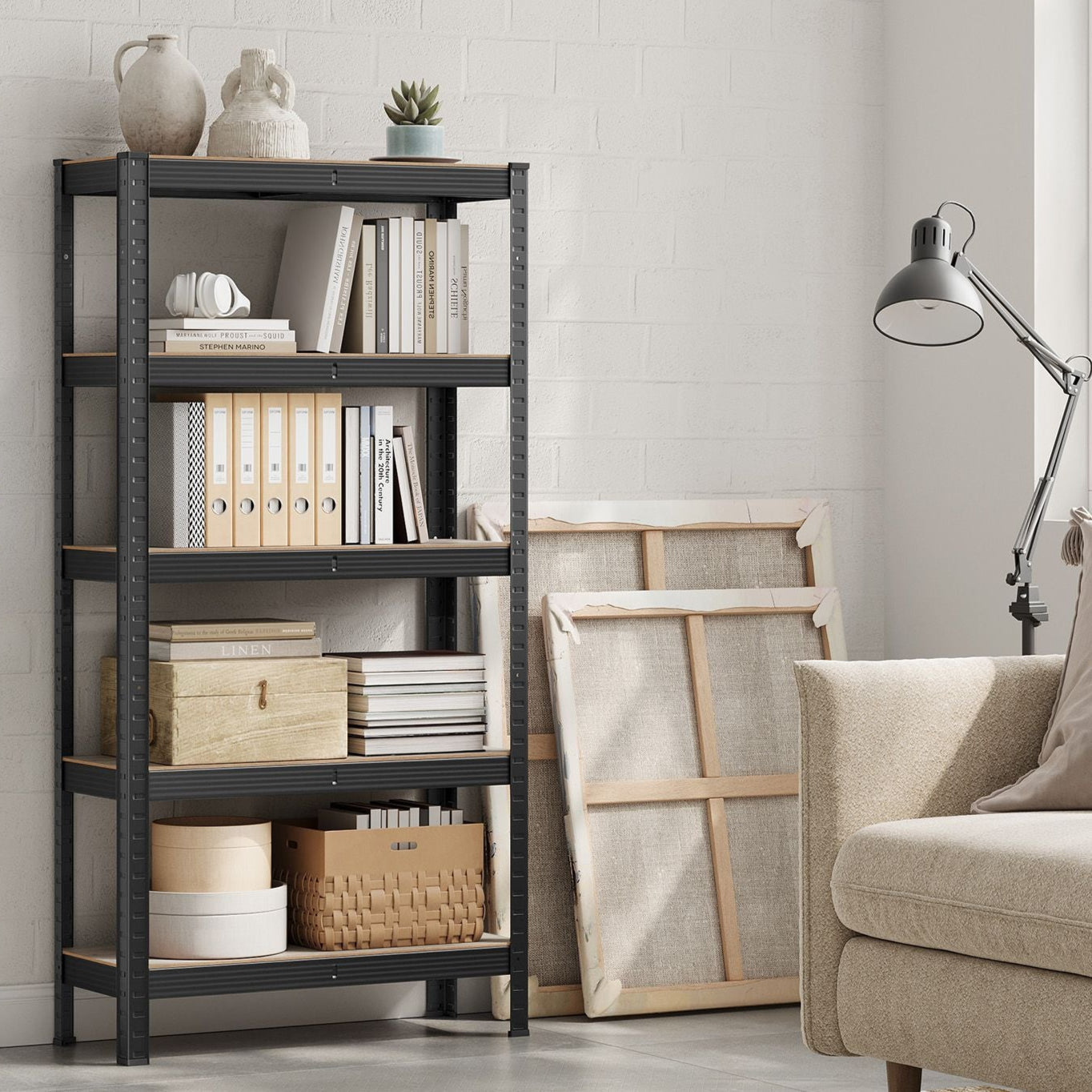 Scaffalature Metalliche, 5 Ripiani, Scaffali Magazzino, 30 x 75 x 150 cm, Portante 650 kg, Naturale del Legno e Nero, Songmics, 1