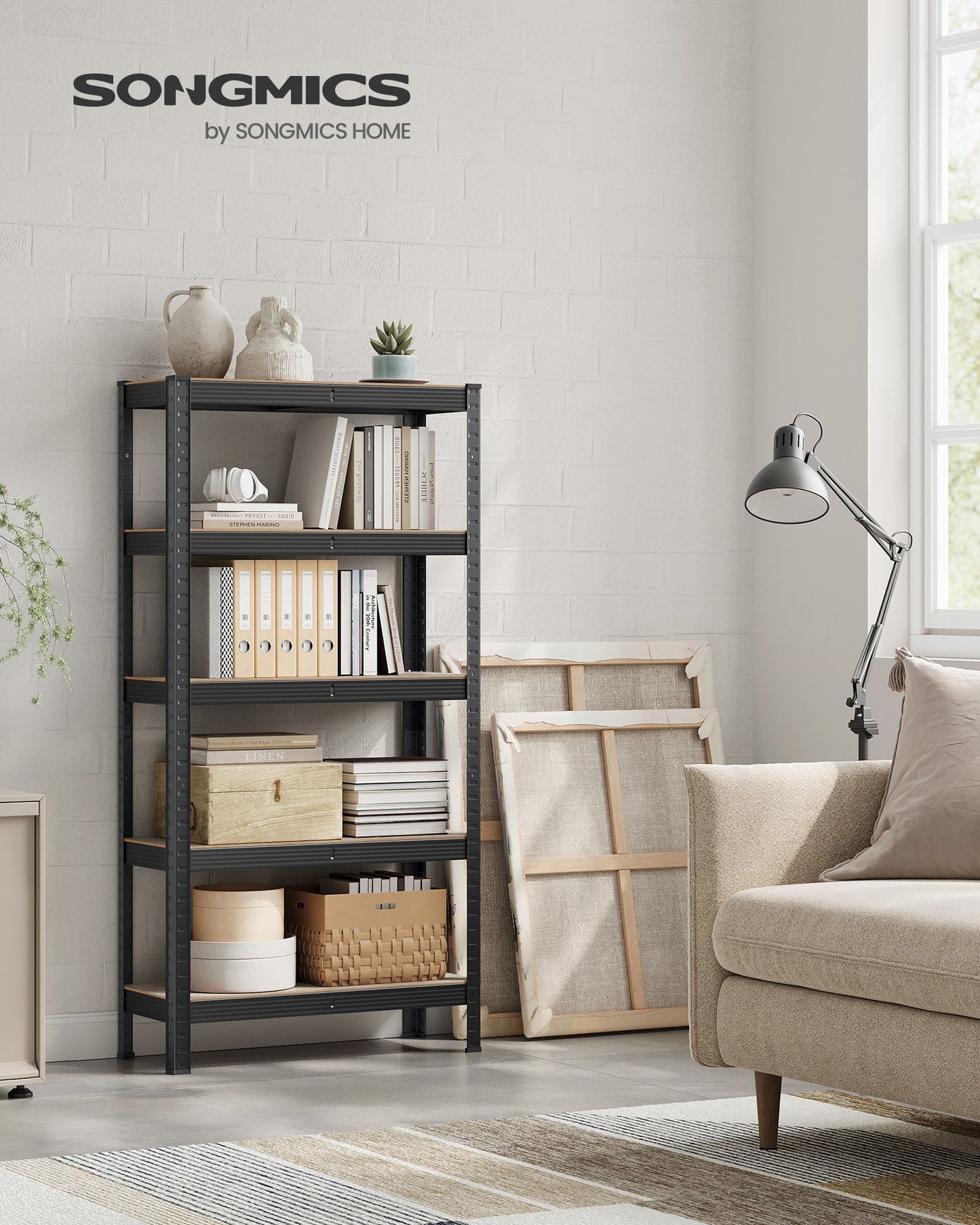Scaffalature Metalliche, 5 Ripiani, Scaffali Magazzino, 30 x 75 x 150 cm, Portante 650 kg, Naturale del Legno e Nero, Songmics, 3
