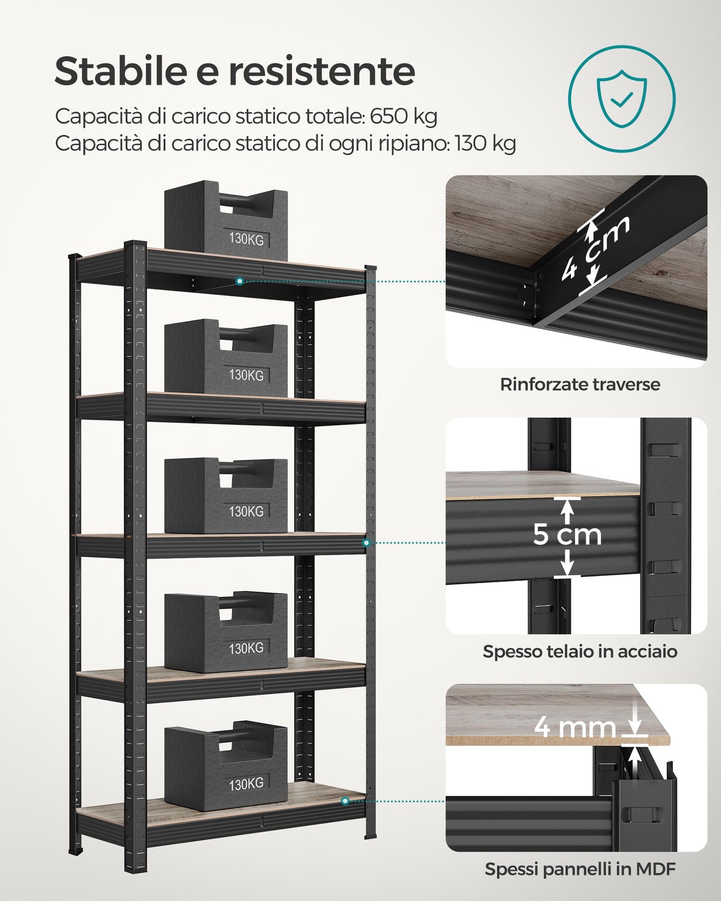 Scaffalature Metalliche, 5 Ripiani, Scaffali Magazzino, 30 x 75 x 150 cm, Portante 650 kg, Naturale del Legno e Nero, Songmics, 4