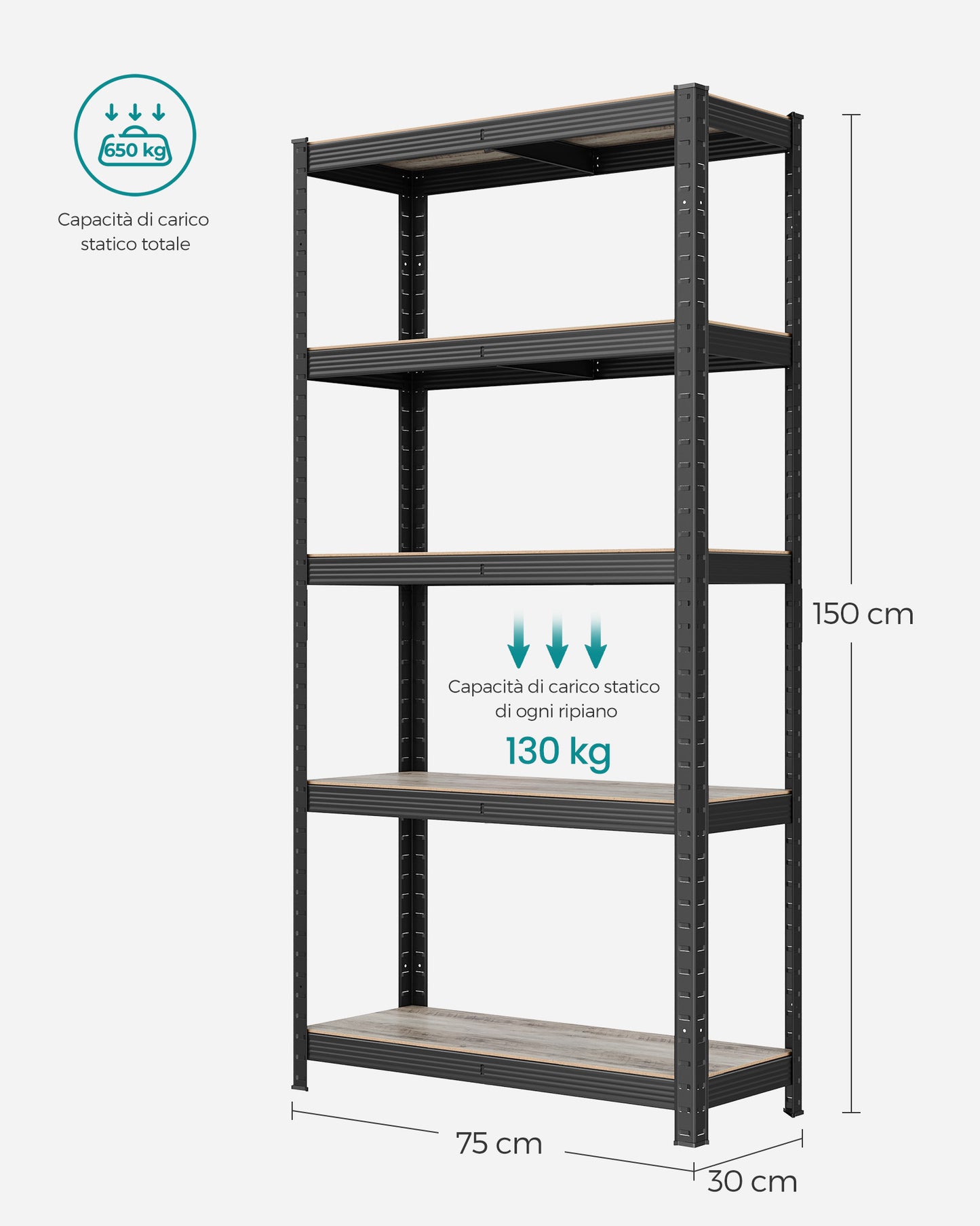 Scaffalature Metalliche, 5 Ripiani, Scaffali Magazzino, 30 x 75 x 150 cm, Portante 650 kg, Naturale del Legno e Nero, Songmics, 8