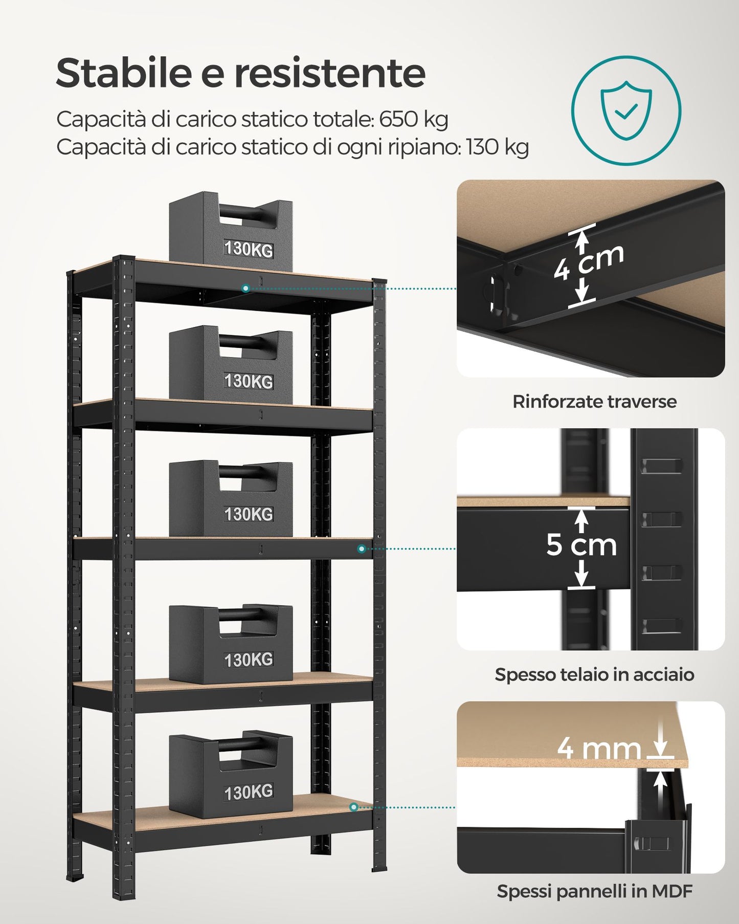 Scaffalature Metalliche, 5 Ripiani, Scaffali Magazzino, 30 x 75 x 150 cm, Portante 650 kg, Nero, Songmics, 4
