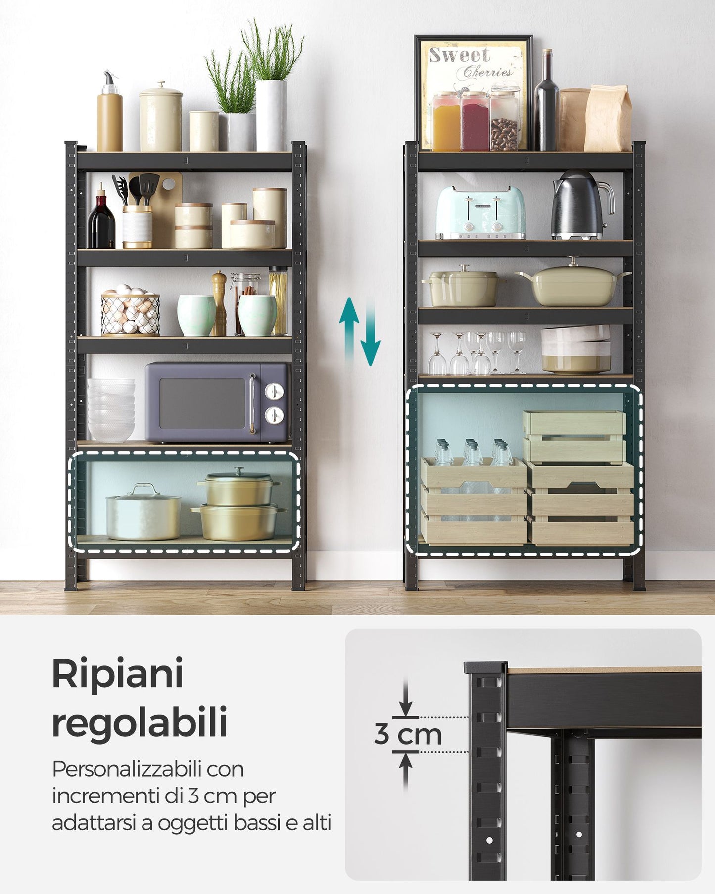 Scaffalature Metalliche, 5 Ripiani, Scaffali Magazzino, 30 x 75 x 150 cm, Portante 650 kg, Nero, Songmics, 5