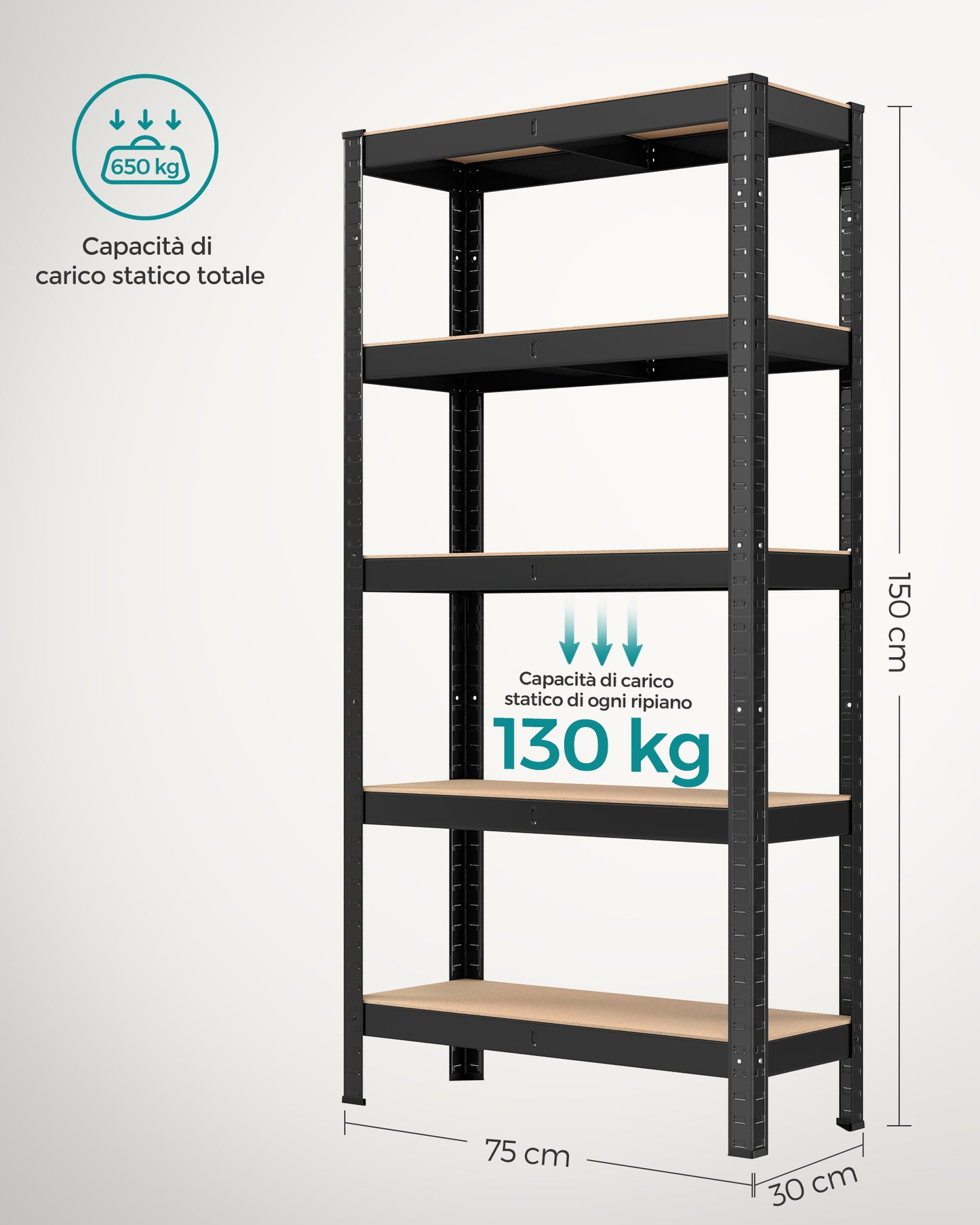 Scaffalature Metalliche, 5 Ripiani, Scaffali Magazzino, 30 x 75 x 150 cm, Portante 650 kg, Nero, Songmics, 8