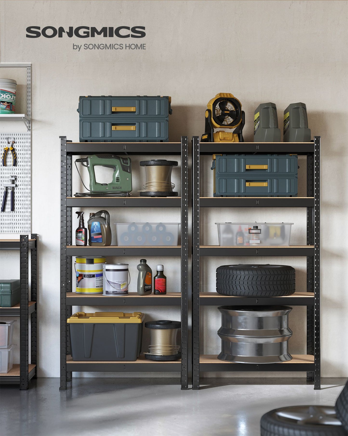 Scaffalature Metalliche, Set di 2, Scaffali Magazzino, 5 Ripiani, 30 x 75 x 150 cm, Portante 650 kg, Nero, Songmics, 3