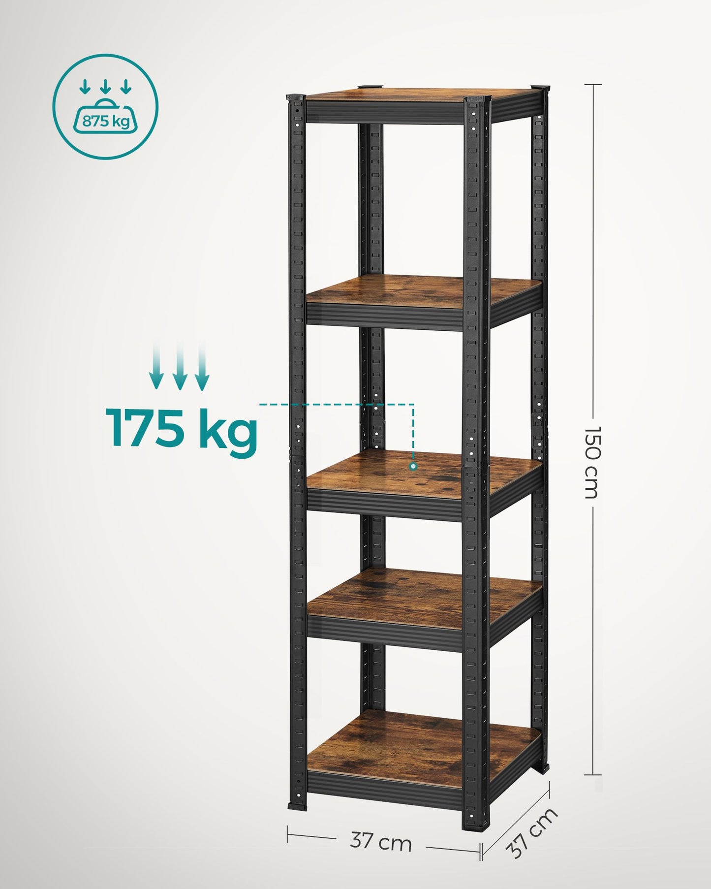 Scaffalature Metalliche, 37 x 37 x 150 cm, Carico di 400 kg, Scaffalature Industriali, Marrone Vintage e Nero, Songmics, 8