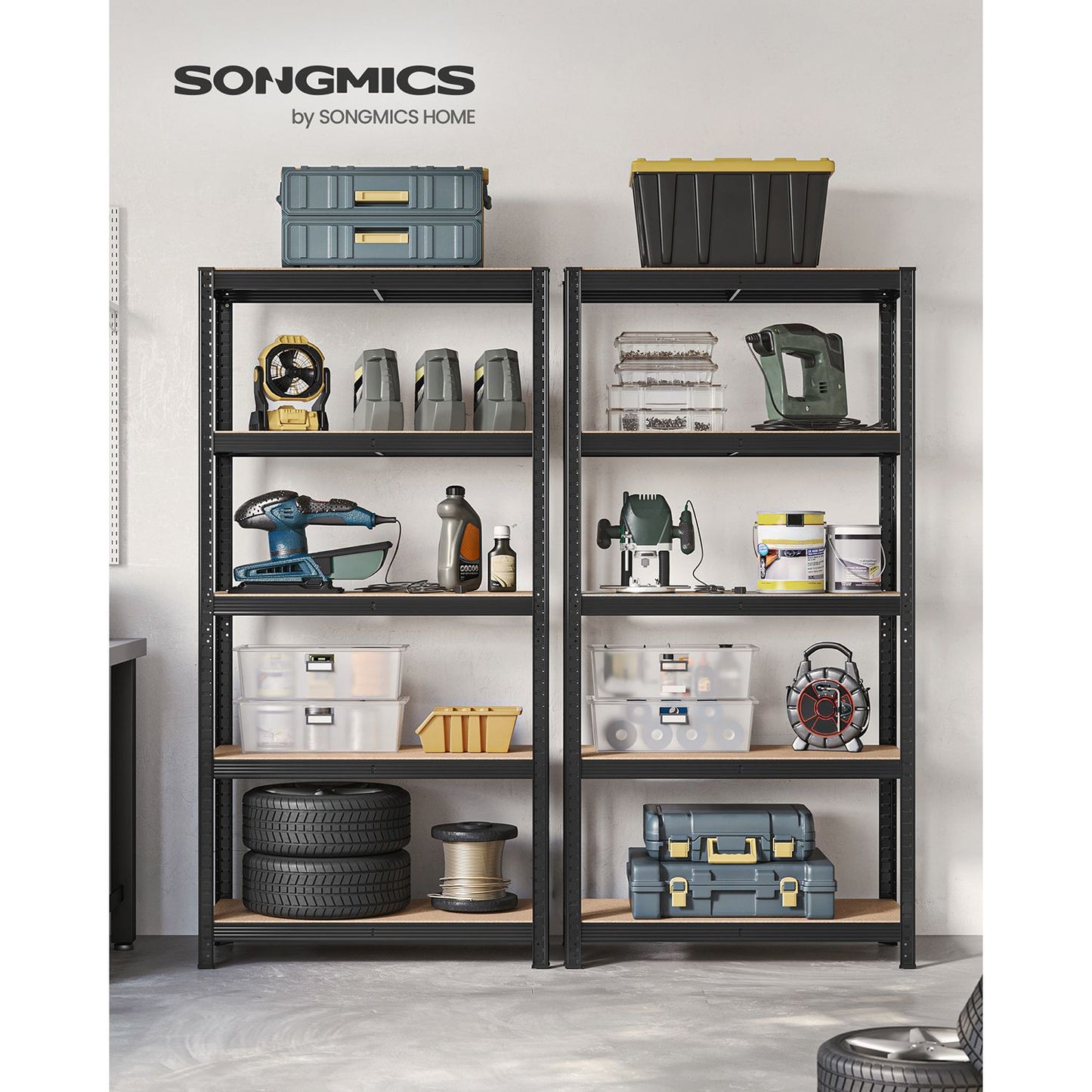 Scaffali, Set di 2, Scaffalature industriali, 5 Ripiani, 40 x 90 x 180 cm, Scaffale metallo, Portante 875 kg, Nero, Songmics, 3