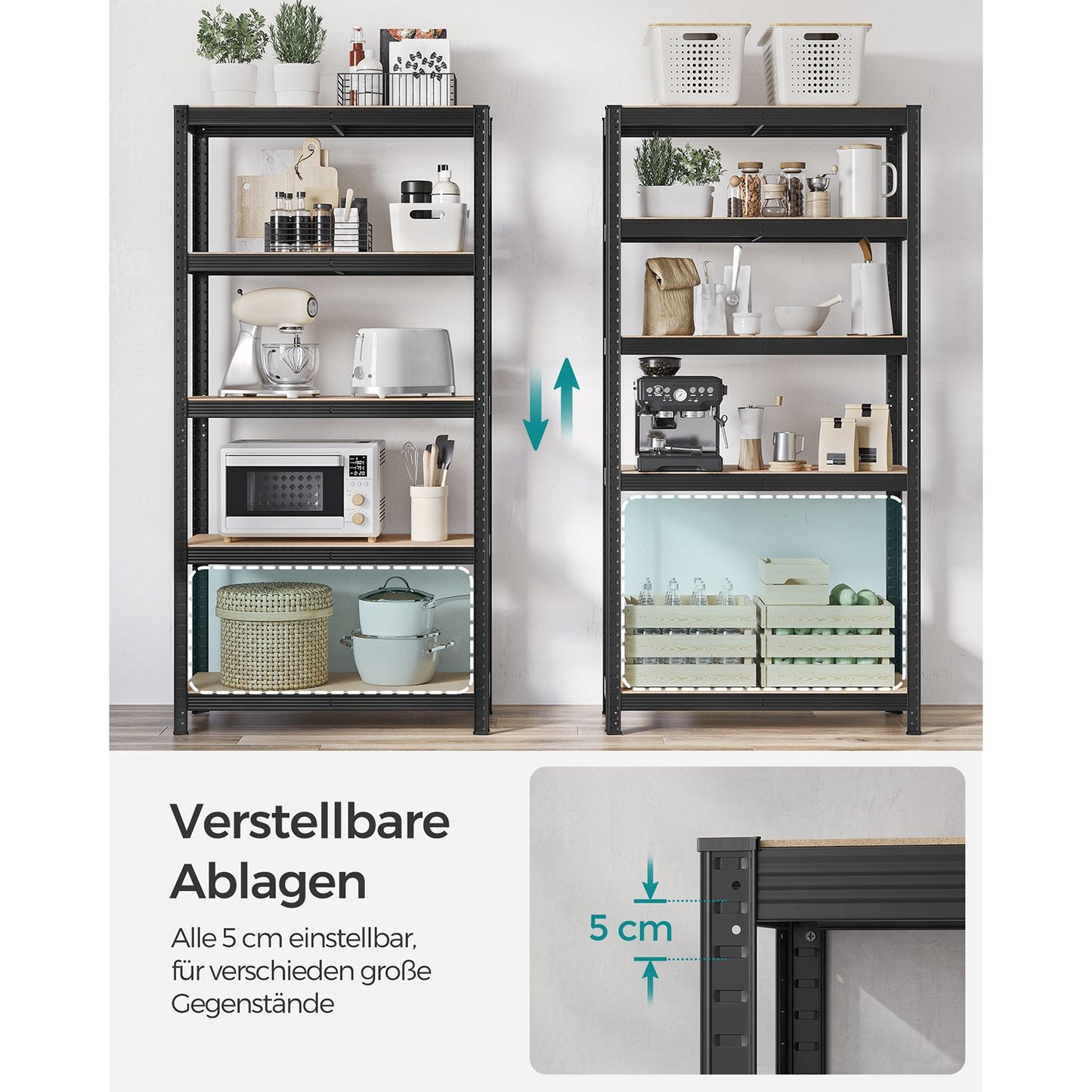 Scaffali, Set di 2, Scaffalature industriali, 5 Ripiani, 40 x 90 x 180 cm, Scaffale metallo, Portante 875 kg, Nero, Songmics, 5
