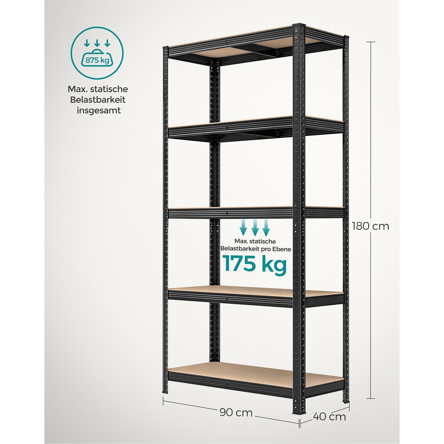Scaffali, Set di 2, Scaffalature industriali, 5 Ripiani, 40 x 90 x 180 cm, Scaffale metallo, Portante 875 kg, Nero, Songmics, 8