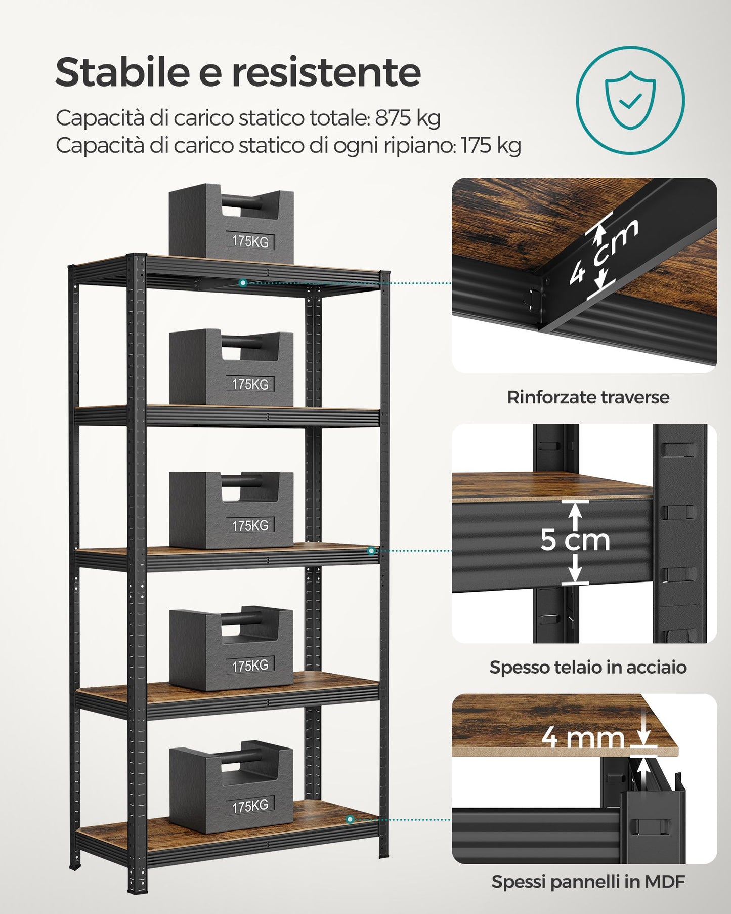 Scaffalatura, Scaffali, 40 x 80 x 160 cm, Max Carico di 520 kg Scaffalature Metalliche, Marrone Vintage e Nero, Songmics, 4