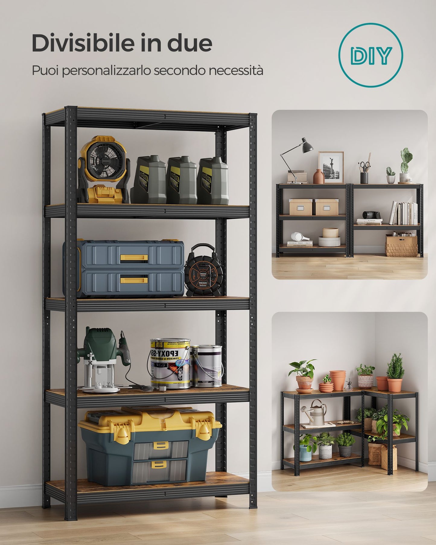 Scaffalatura, Scaffali, 40 x 80 x 160 cm, Max Carico di 520 kg Scaffalature Metalliche, Marrone Vintage e Nero, Songmics, 7