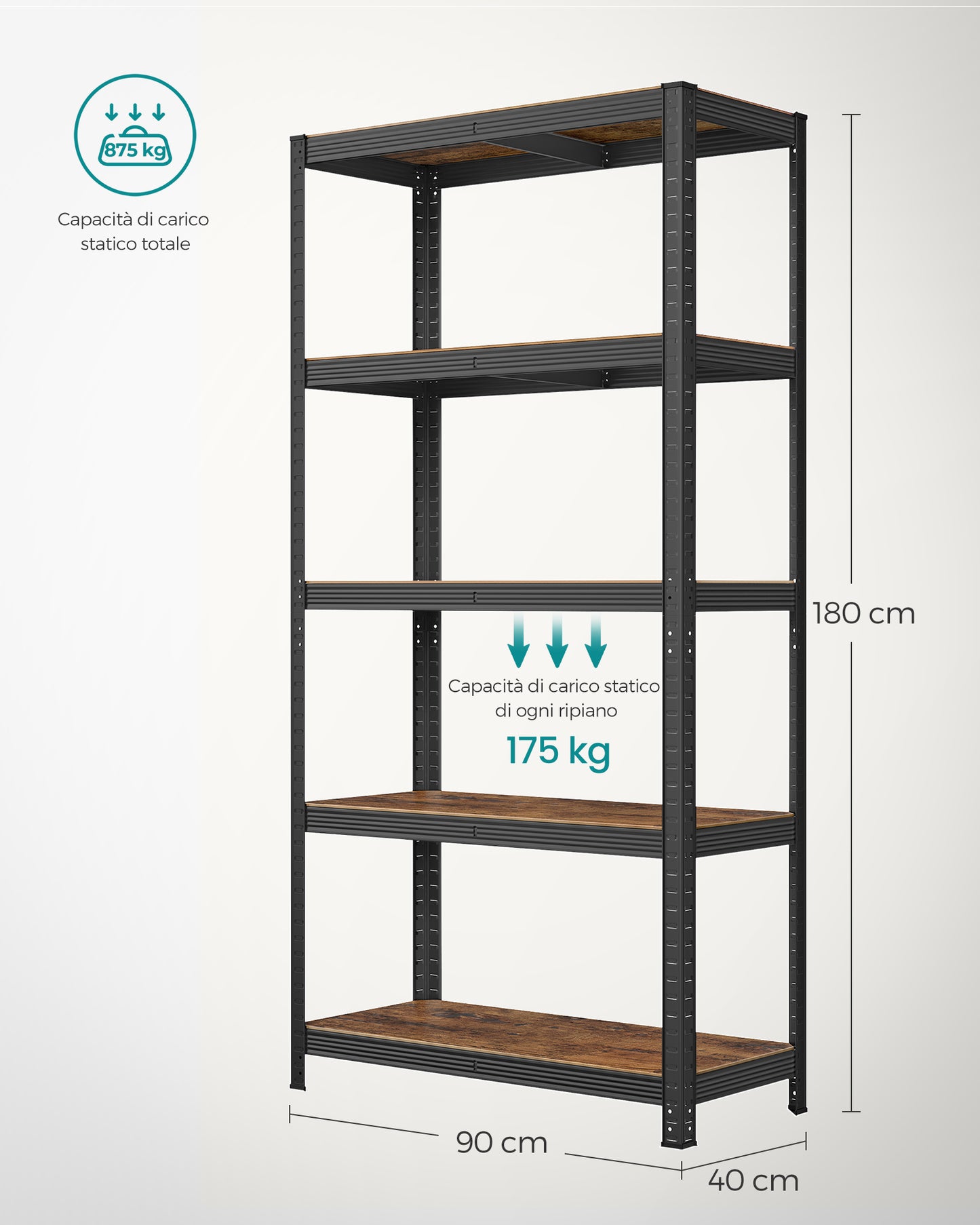 Scaffalatura, Scaffali, 40 x 80 x 160 cm, Max Carico di 520 kg Scaffalature Metalliche, Marrone Vintage e Nero, Songmics, 8