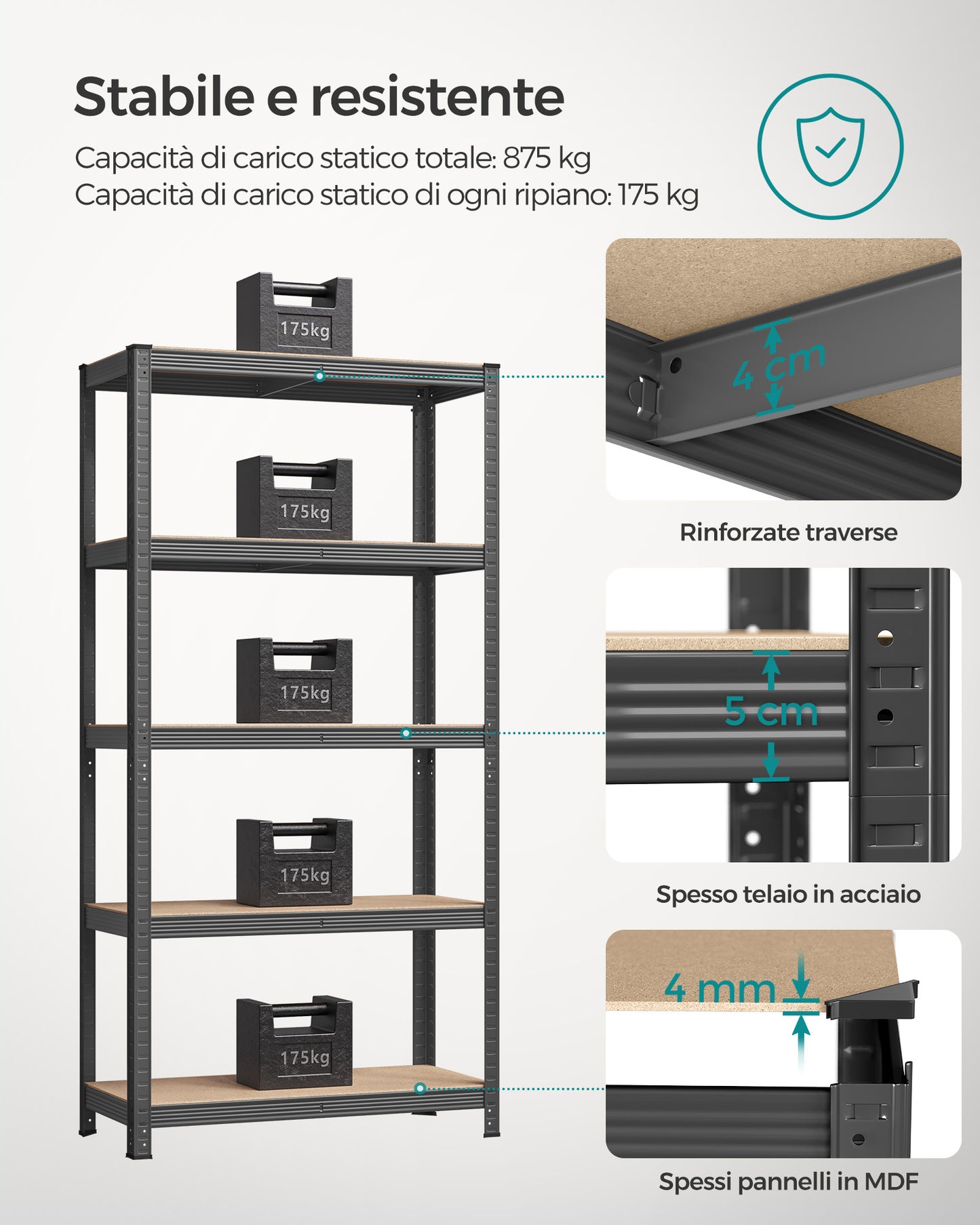 Scaffali, 5 Ripiani, Scaffalature industriali, 40 x 90 x 180 cm, Scaffale metallo, Portante 875 kg, Argento, Songmics, 4