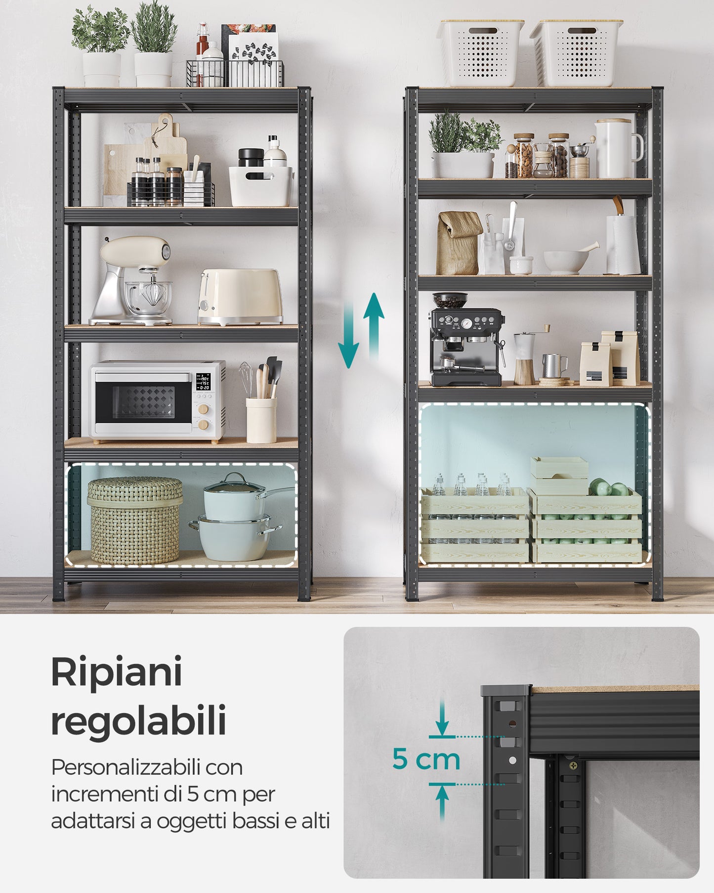 Scaffali, 5 Ripiani, Scaffalature industriali, 40 x 90 x 180 cm, Scaffale metallo, Portante 875 kg, Argento, Songmics, 5