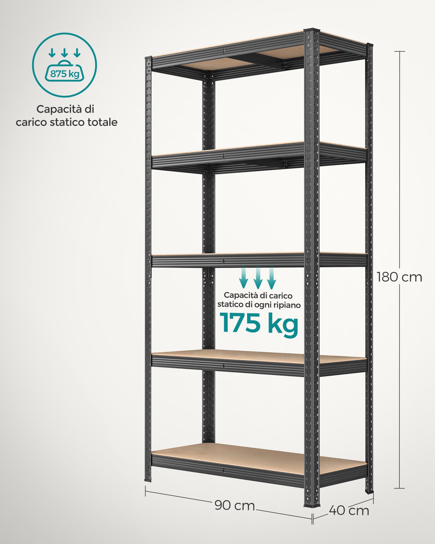 Scaffali, 5 Ripiani, Scaffalature industriali, 40 x 90 x 180 cm, Scaffale metallo, Portante 875 kg, Argento, Songmics, 8