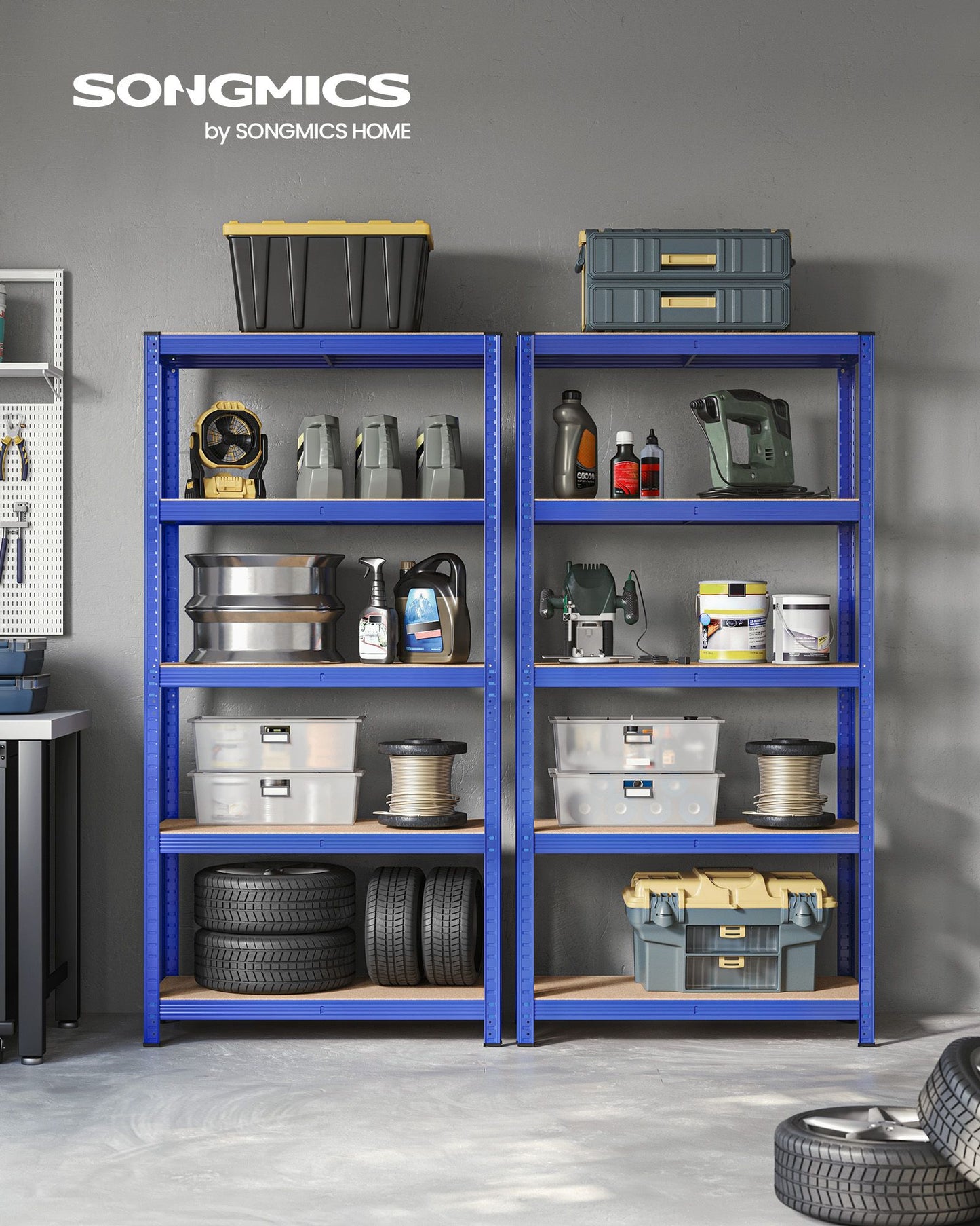 Scaffali, Set di 2, Scaffalature industriali, 5 Ripiani, 40 x 90 x 180 cm, Portante 875 kg, Scaffali magazzino, Blu, Songmics, 3
