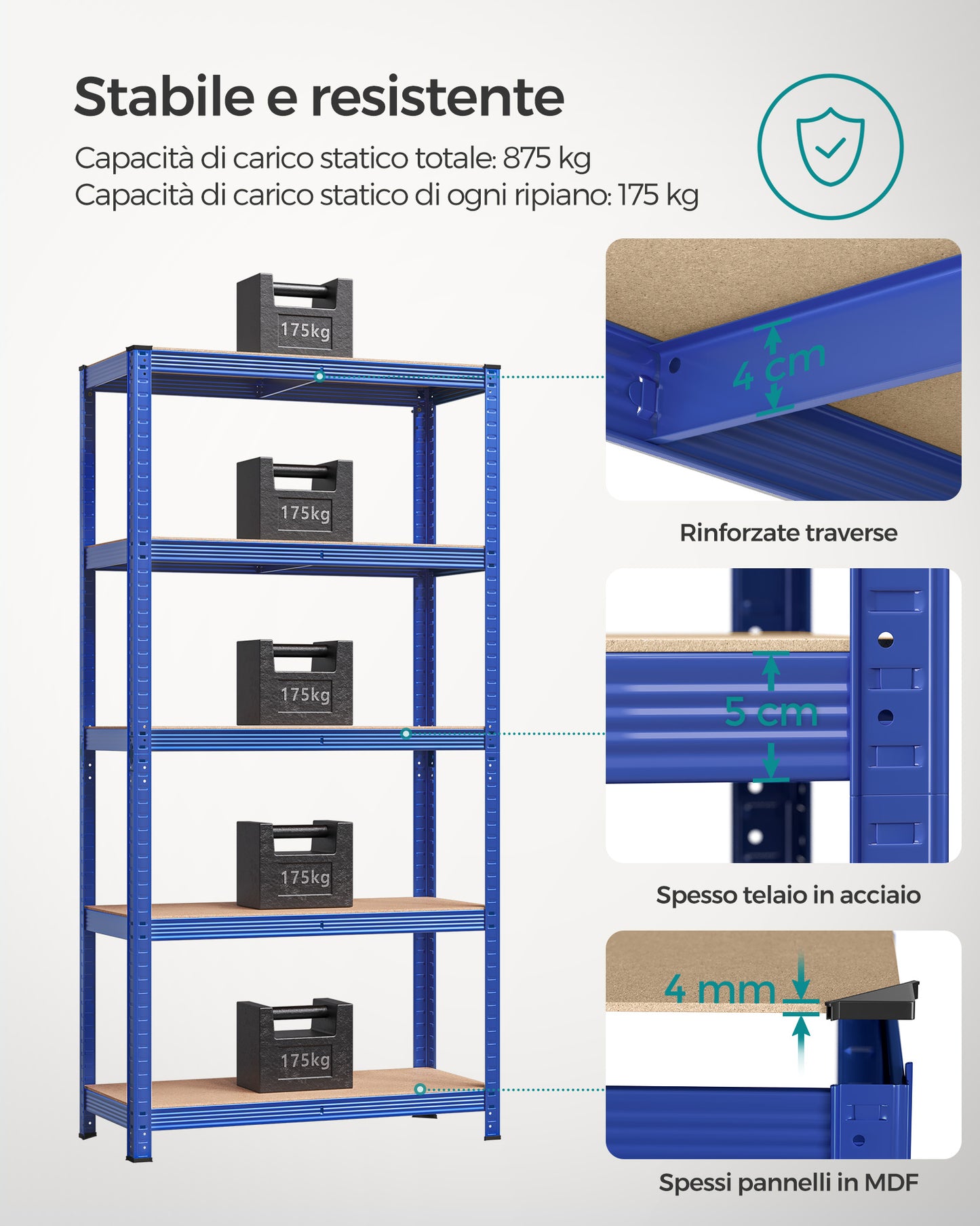 Scaffali, Set di 2, Scaffalature industriali, 5 Ripiani, 40 x 90 x 180 cm, Portante 875 kg, Scaffali magazzino, Blu, Songmics, 4