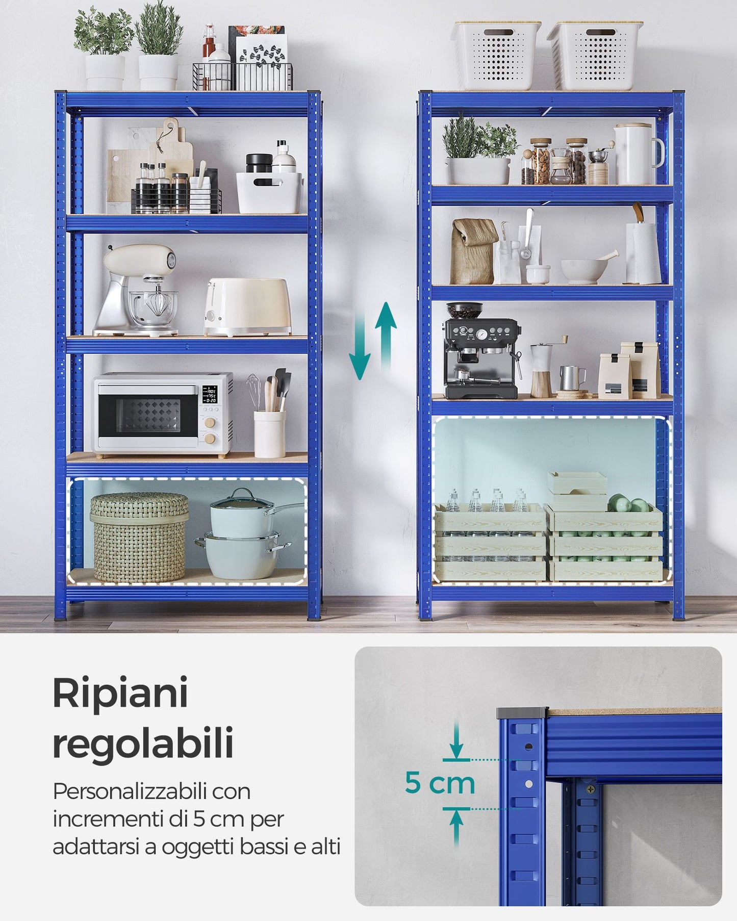 Scaffali, Set di 2, Scaffalature industriali, 5 Ripiani, 40 x 90 x 180 cm, Portante 875 kg, Scaffali magazzino, Blu, Songmics, 5