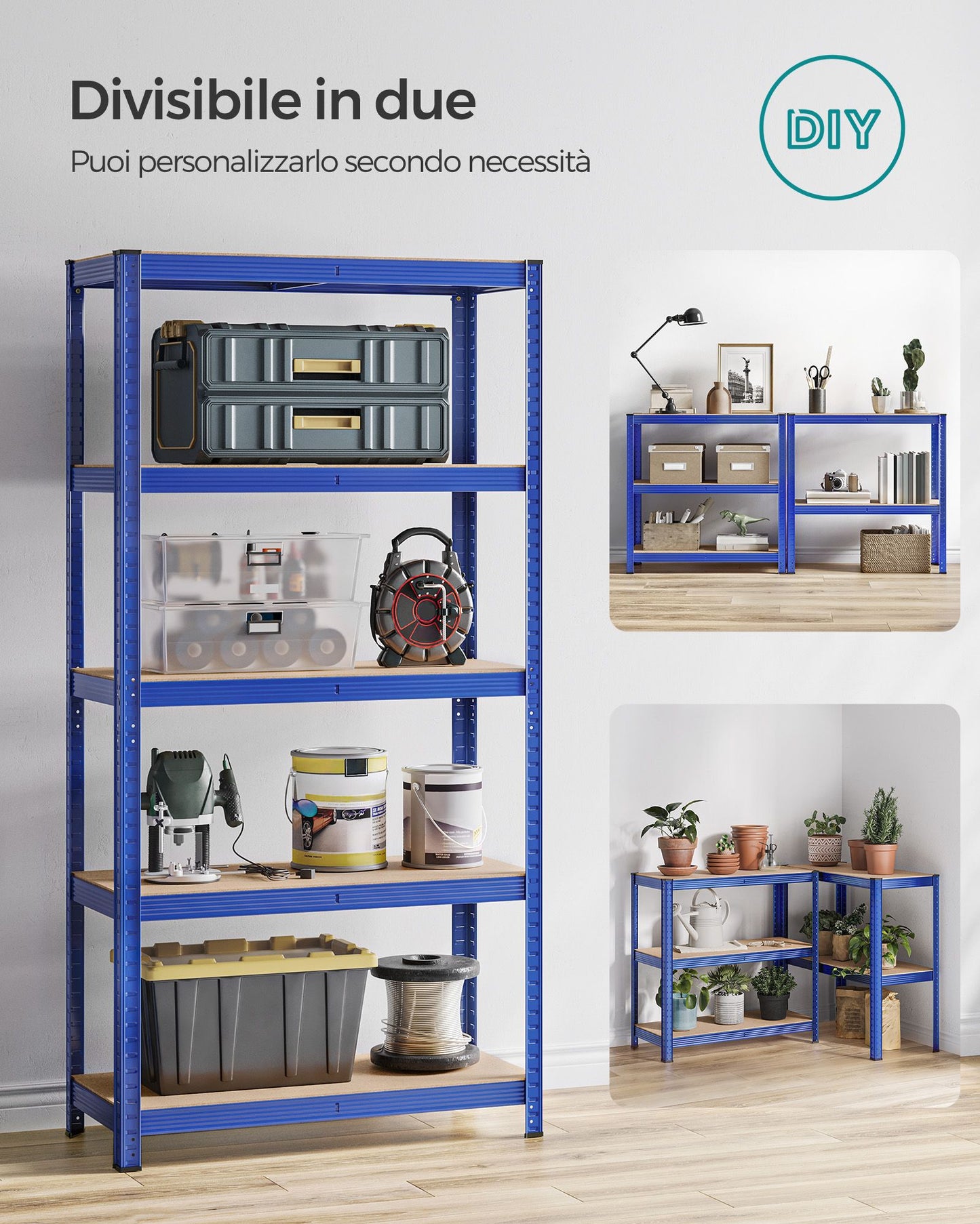 Scaffali, Set di 2, Scaffalature industriali, 5 Ripiani, 40 x 90 x 180 cm, Portante 875 kg, Scaffali magazzino, Blu, Songmics, 7