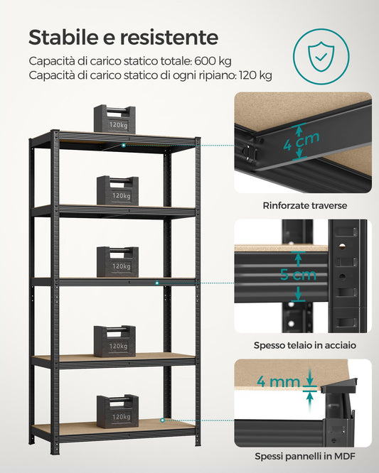 Scaffalatura, Set di 2, Scaffali, 5 Ripiani, Scaffale metallo, Scaffalature industriali, Portante 600 kg, 50 x 100 x 200 cm, Nero, Songmics, 4