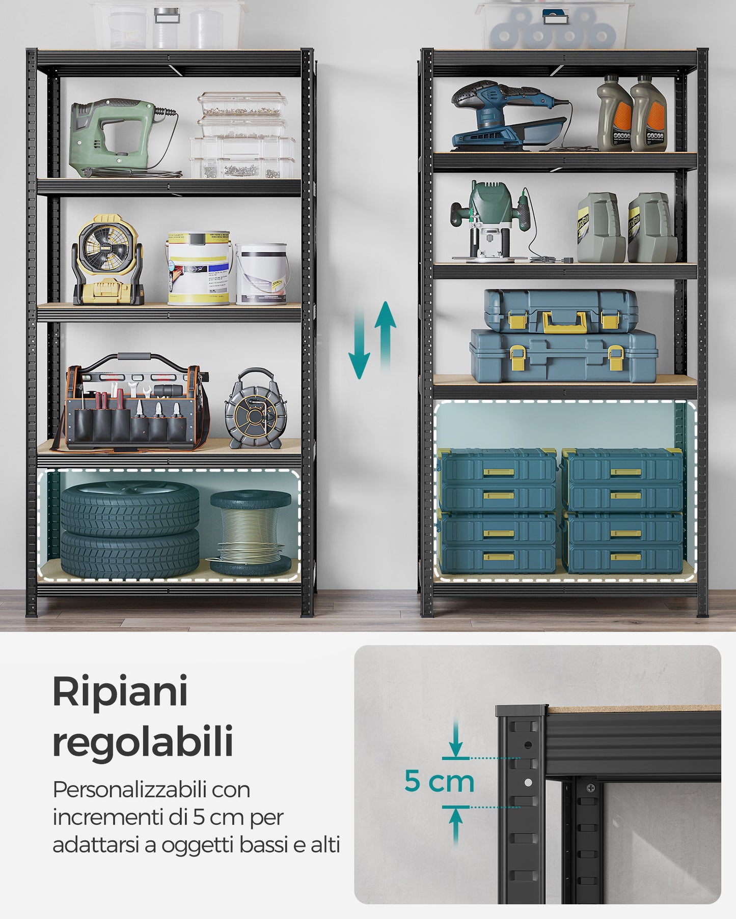 Scaffalatura, Set di 2, Scaffali, 5 Ripiani, Scaffale metallo, Scaffalature industriali, Portante 600 kg, 50 x 100 x 200 cm, Nero, Songmics, 5