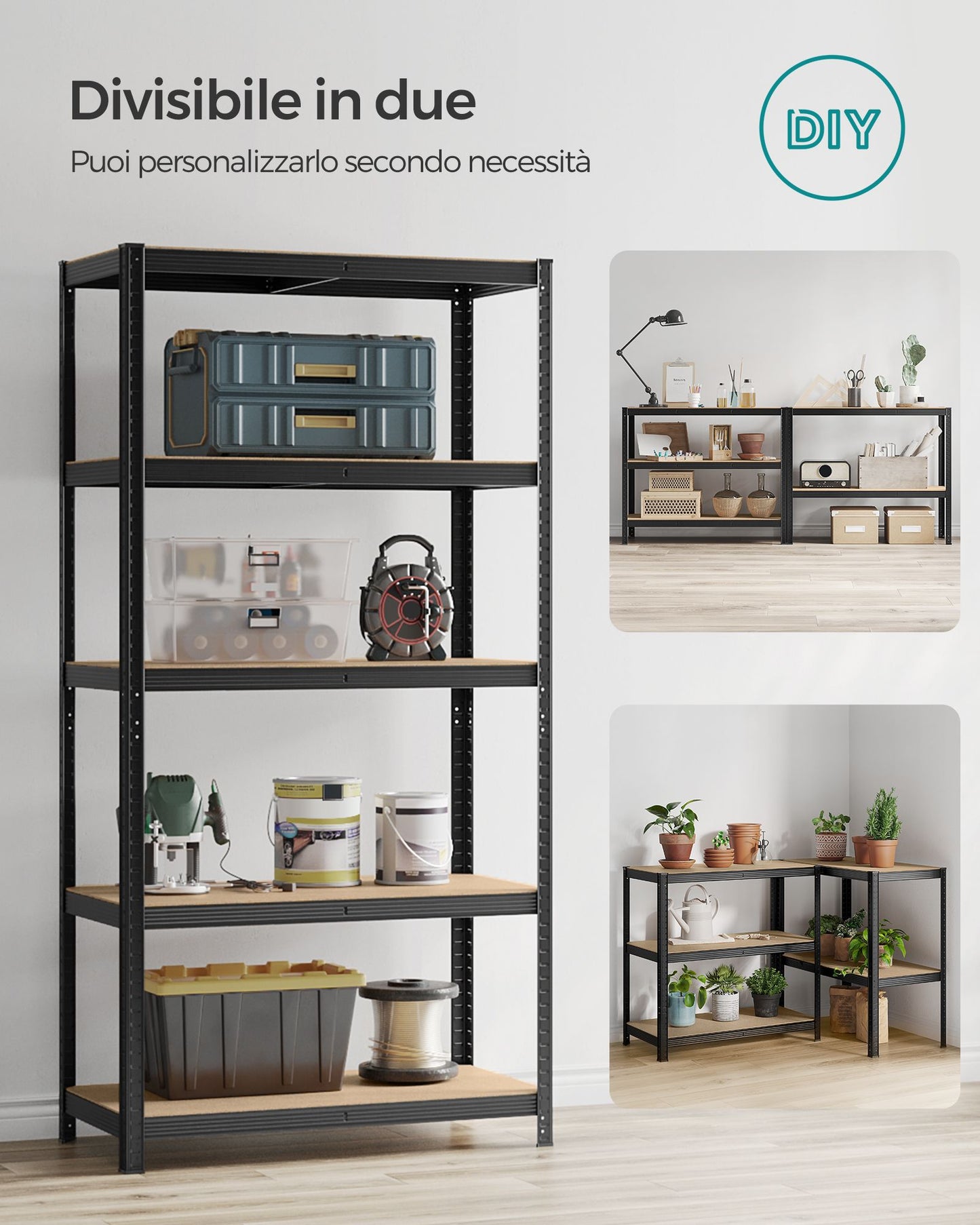 Scaffalatura, Set di 2, Scaffali, 5 Ripiani, Scaffale metallo, Scaffalature industriali, Portante 600 kg, 50 x 100 x 200 cm, Nero, Songmics, 7