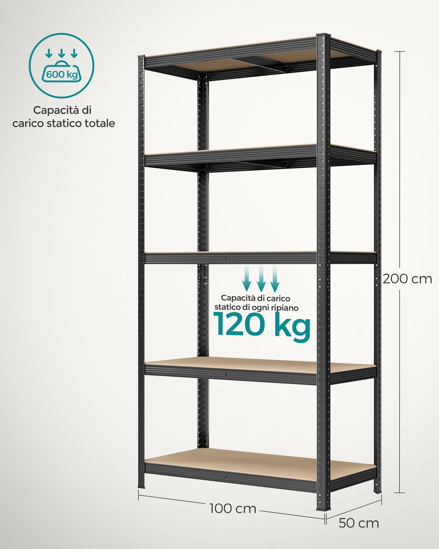 Scaffalatura, Set di 2, Scaffali, 5 Ripiani, Scaffale metallo, Scaffalature industriali, Portante 600 kg, 50 x 100 x 200 cm, Nero, Songmics, 8