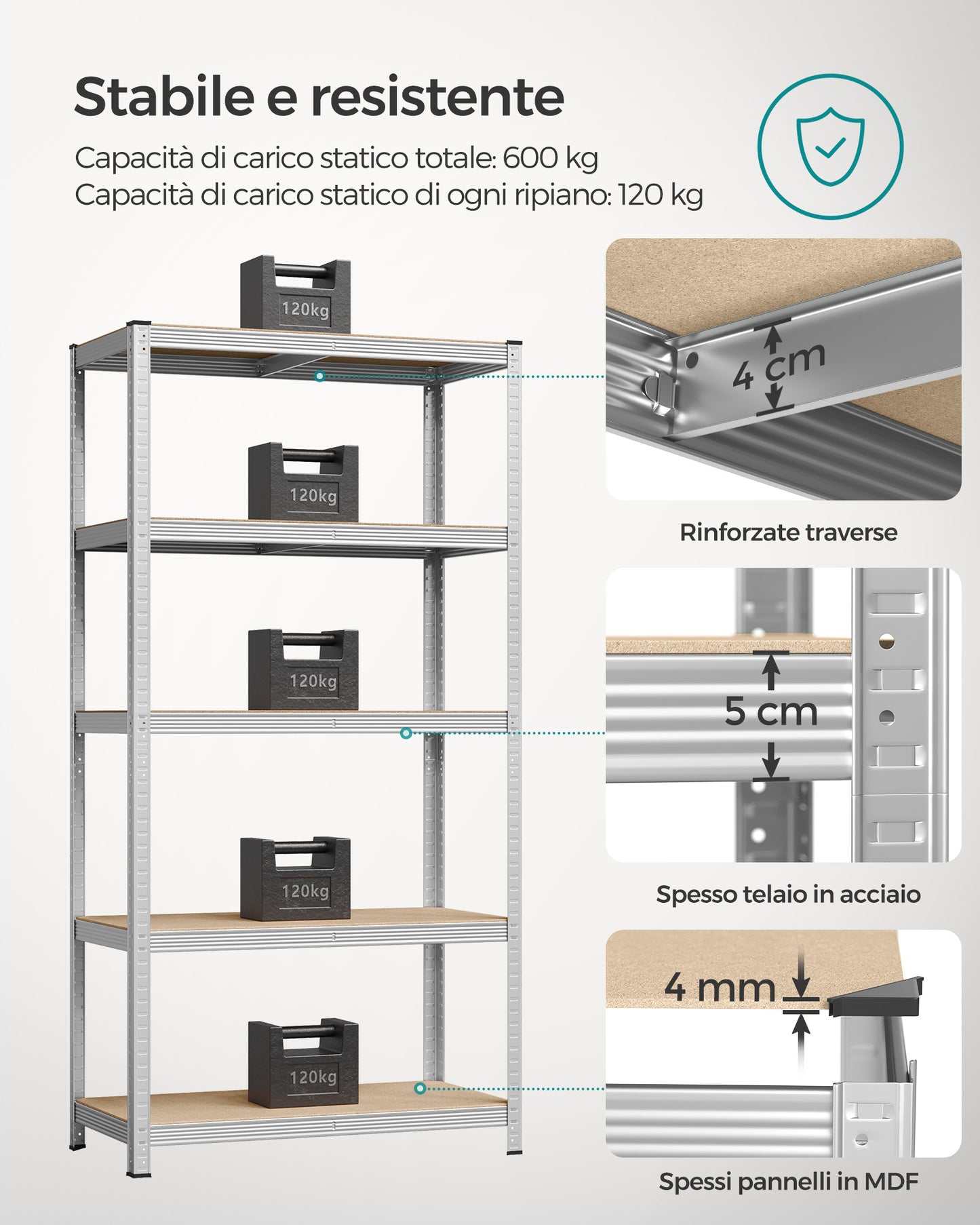 Scaffalatura, Scaffali, 5 Ripiani, Scaffale metallo, Scaffalature industriali, Portante 600 kg, 50 x 100 x 200 cm, Argento, Songmics, 4