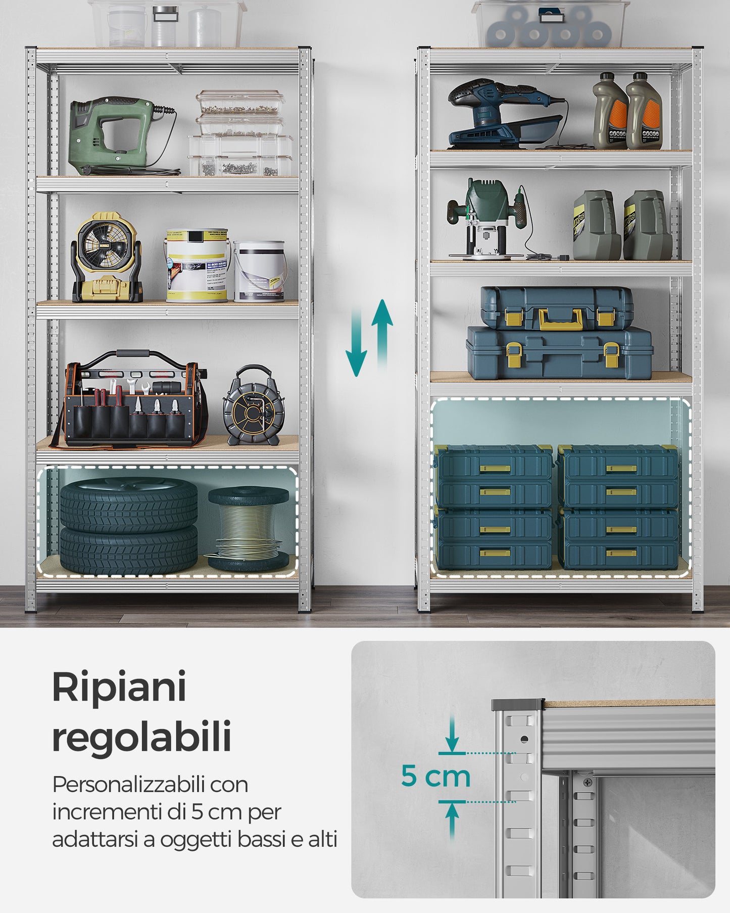 Scaffalatura, Scaffali, 5 Ripiani, Scaffale metallo, Scaffalature industriali, Portante 600 kg, 50 x 100 x 200 cm, Argento, Songmics, 5