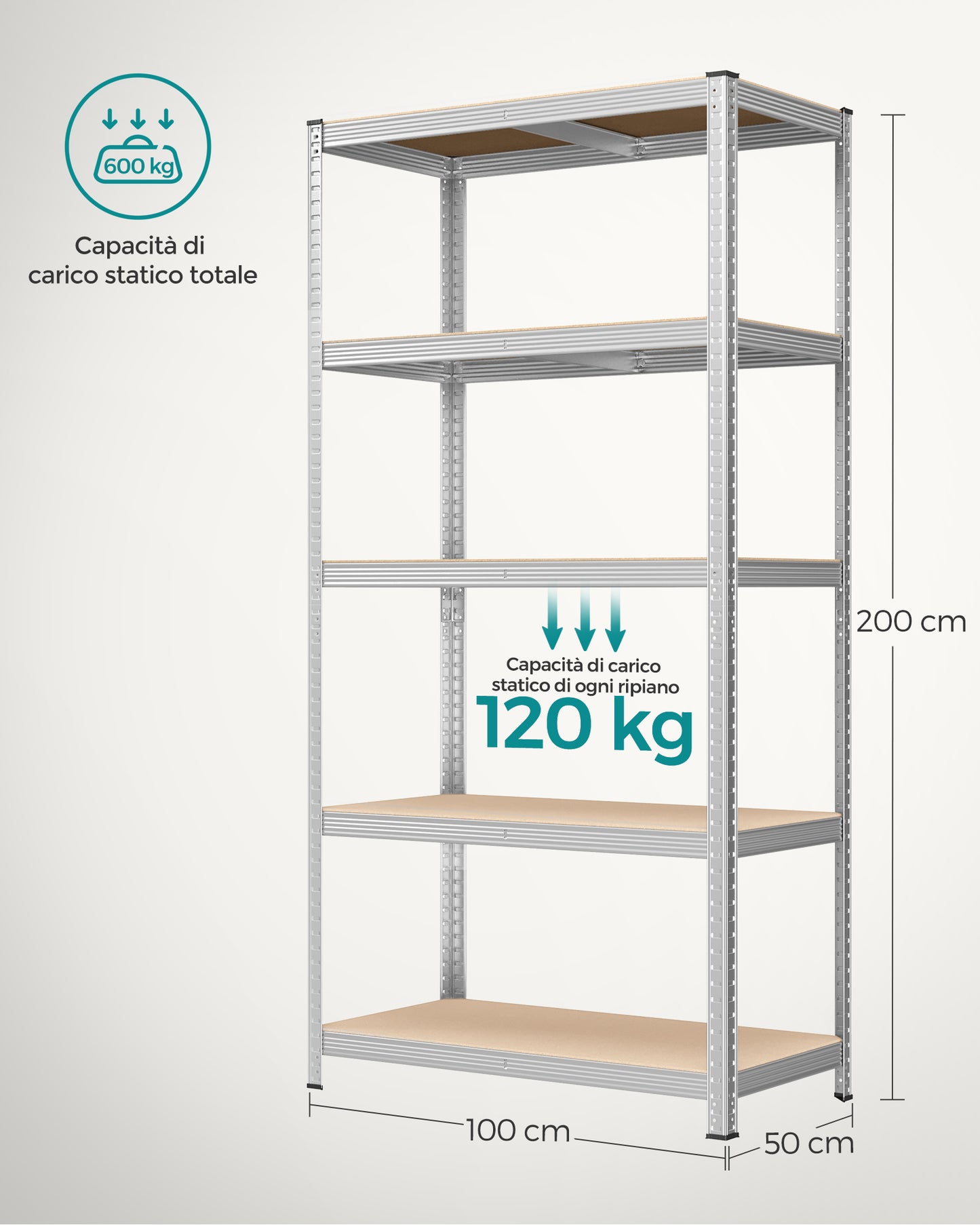 Scaffalatura, Set di 2, Scaffali, 5 Ripiani, Scaffale metallo, Scaffalature industriali, Portante 600 kg, 50 x 100 x 200 cm, Argento, Songmics, 8