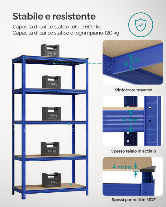 Scaffalatura, Scaffali, 5 Ripiani, Scaffale metallo, Scaffalature industriali, Portante 600 kg, 50 x 100 x 200 cm, Blu, Songmics, 4