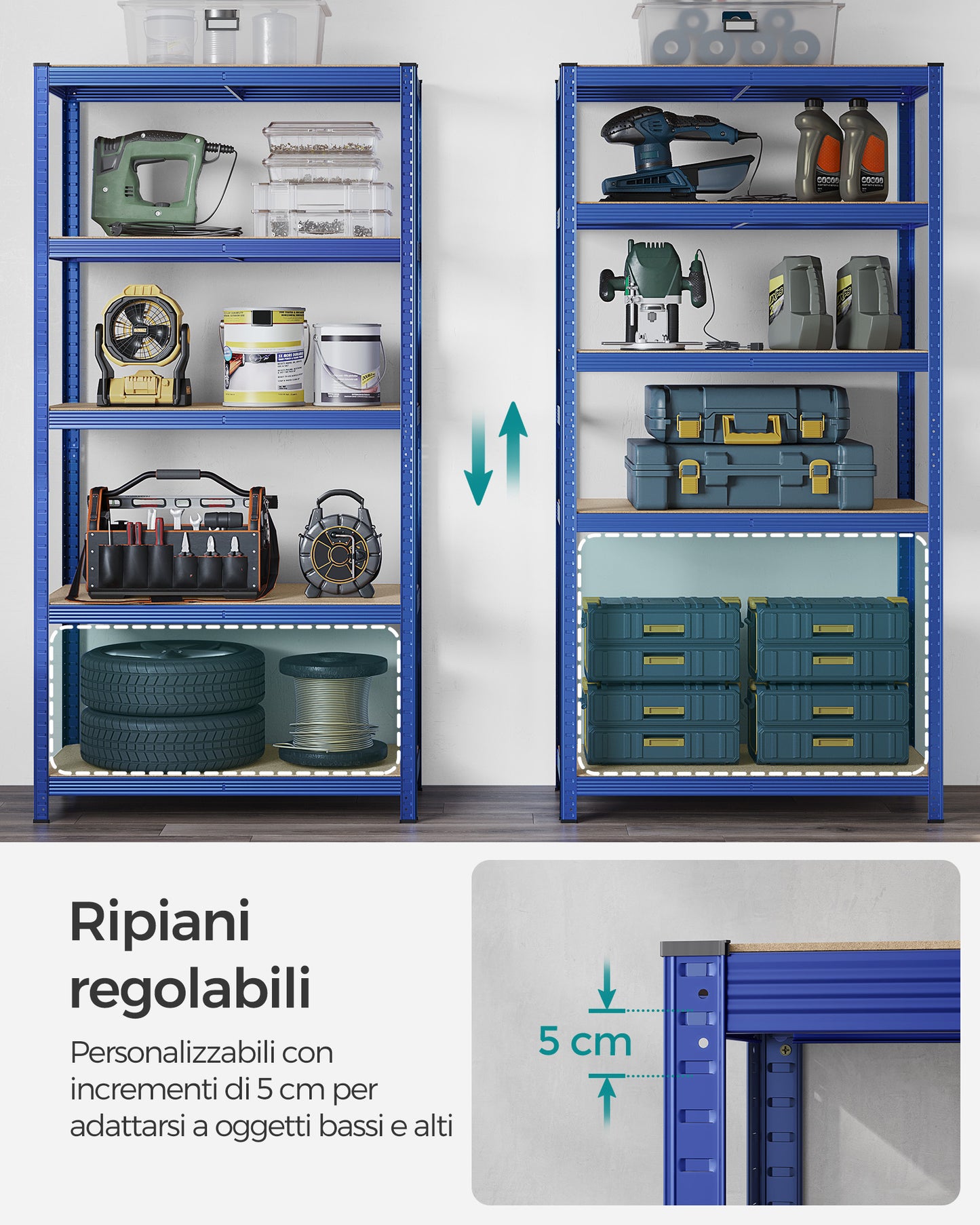 Scaffalatura, Scaffali, 5 Ripiani, Scaffale metallo, Scaffalature industriali, Portante 600 kg, 50 x 100 x 200 cm, Blu, Songmics, 5