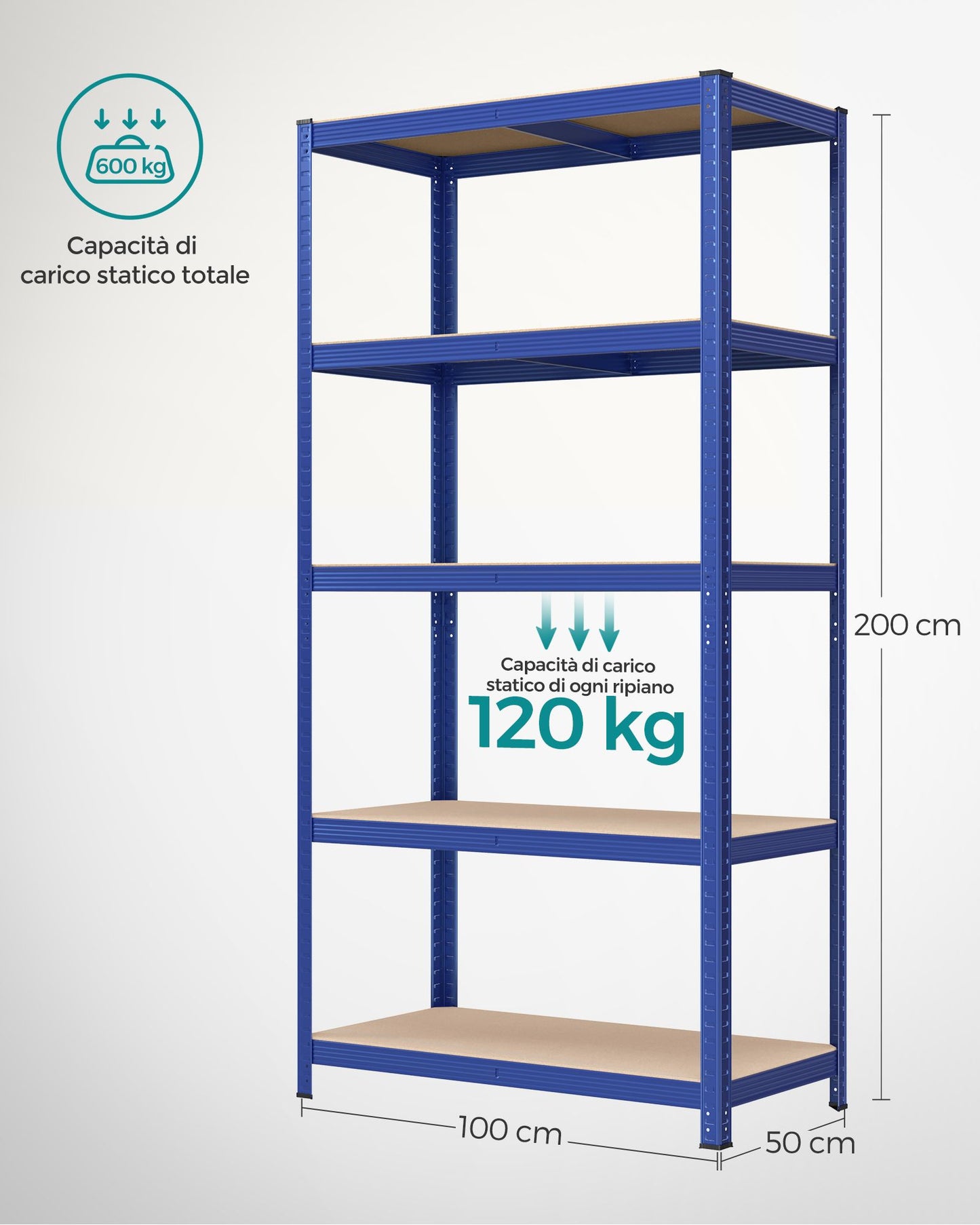 Scaffalatura, Scaffali, 5 Ripiani, Scaffale metallo, Scaffalature industriali, Portante 600 kg, 50 x 100 x 200 cm, Blu, Songmics, 8