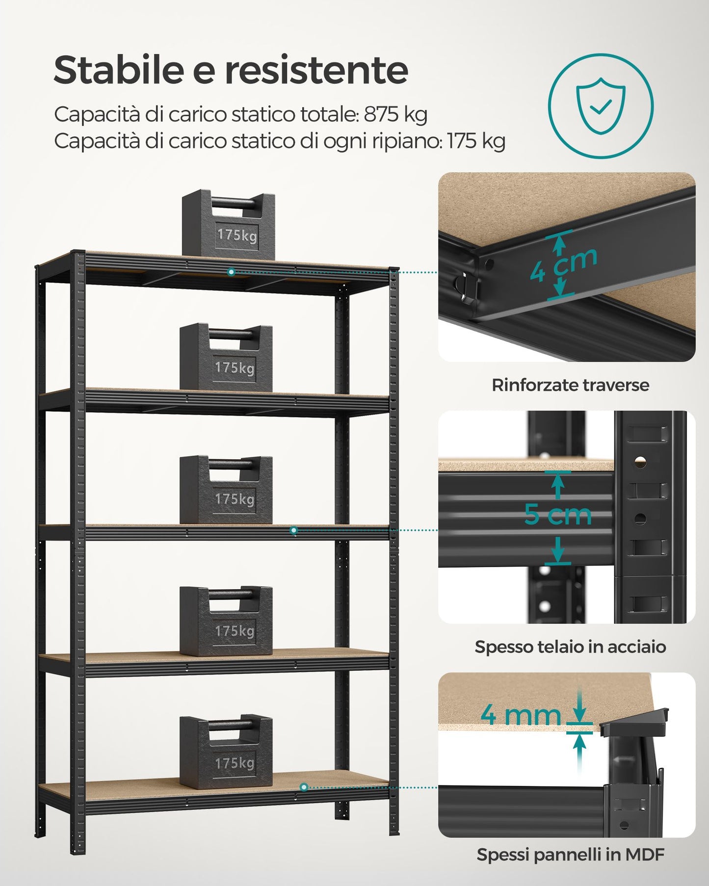 Scaffali, Scaffalature Metalliche, 5 Ripiani, 60 x 120 x 200 cm, Scaffali Magazzino, Portante 750 kg, Nero, Songmics, 4
