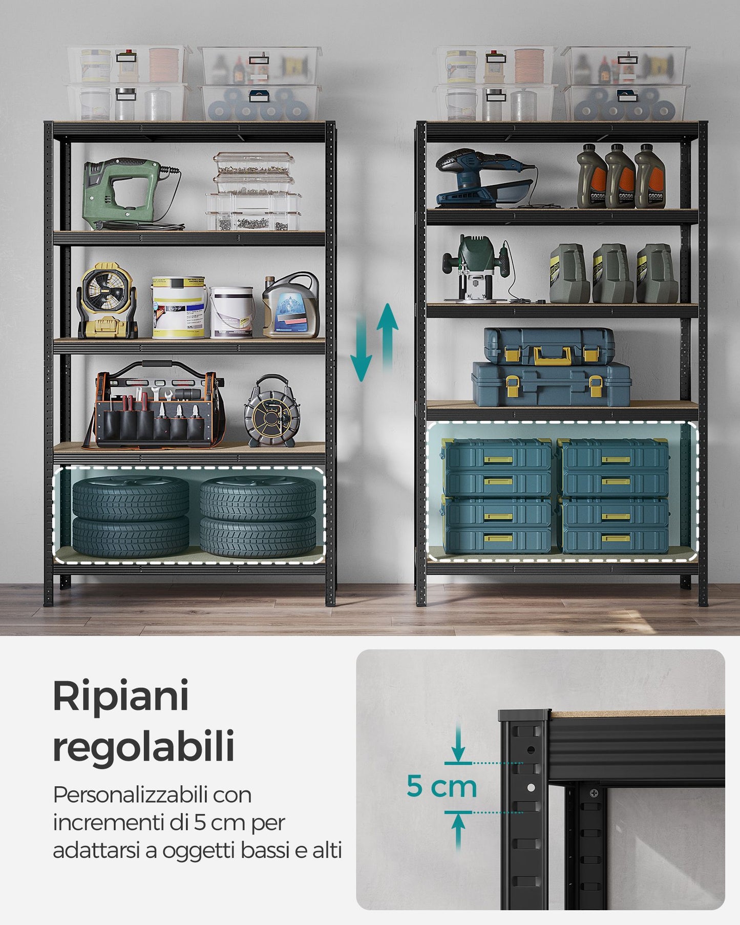 Scaffali, Scaffalature Metalliche, 5 Ripiani, 60 x 120 x 200 cm, Scaffali Magazzino, Portante 750 kg, Nero, Songmics, 5