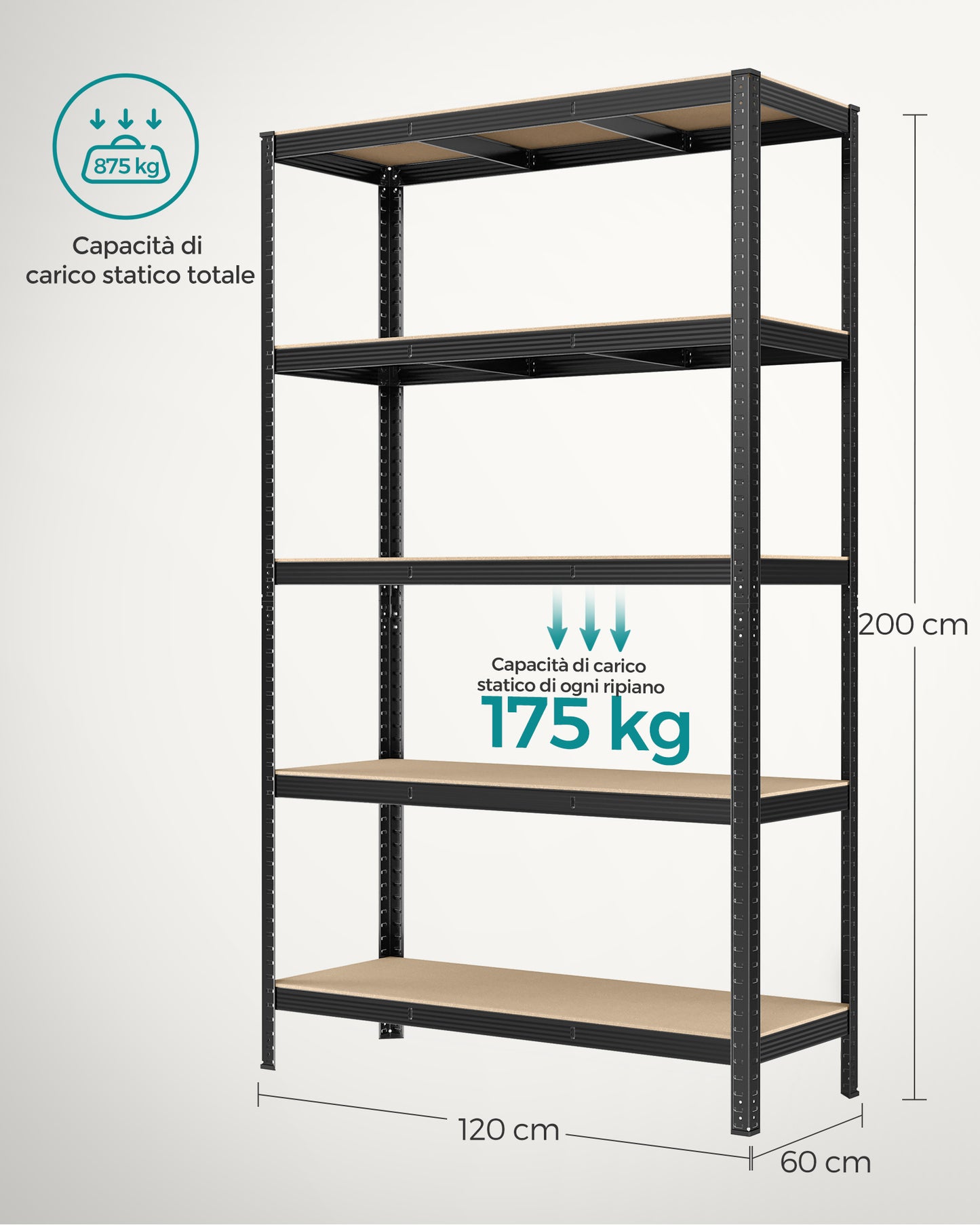 Scaffali, Scaffalature Metalliche, 5 Ripiani, 60 x 120 x 200 cm, Scaffali Magazzino, Portante 750 kg, Nero, Songmics, 8