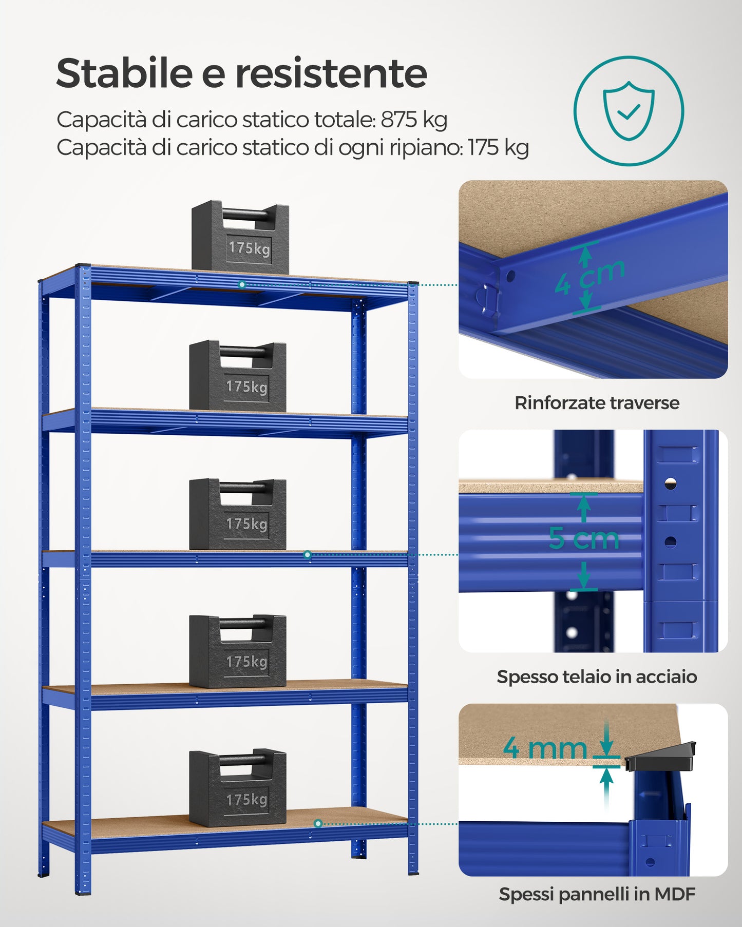 Scaffali, Scaffalature Metalliche, 5 Ripiani, 60 x 120 x 200 cm, Scaffali Magazzino, Portante 750 kg, Blu, Songmics, 4