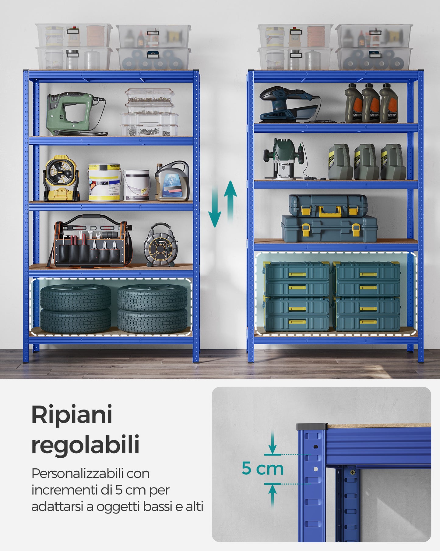 Scaffali, Scaffalature Metalliche, 5 Ripiani, 60 x 120 x 200 cm, Scaffali Magazzino, Portante 750 kg, Blu, Songmics, 5