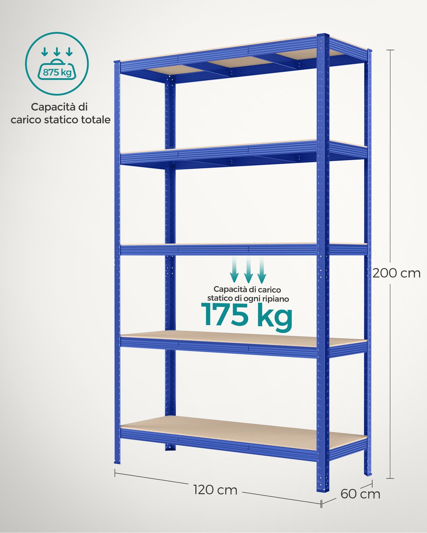 Scaffali, Scaffalature Metalliche, 5 Ripiani, 60 x 120 x 200 cm, Scaffali Magazzino, Portante 750 kg, Blu, Songmics, 8