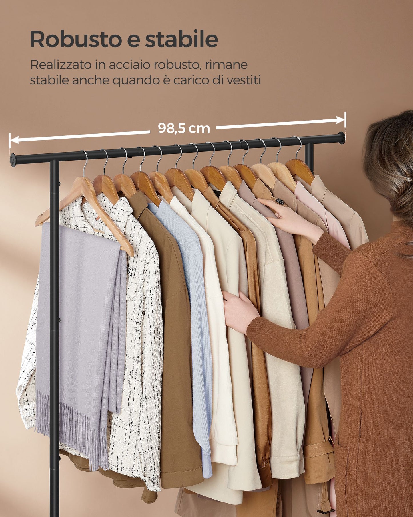 Stand Appendiabiti, Appendiabiti con Ruote, con Ripiano, Largo 98,5cm, Regge 50kg, Marrone Vintage e Nero, SONGMICS, 5