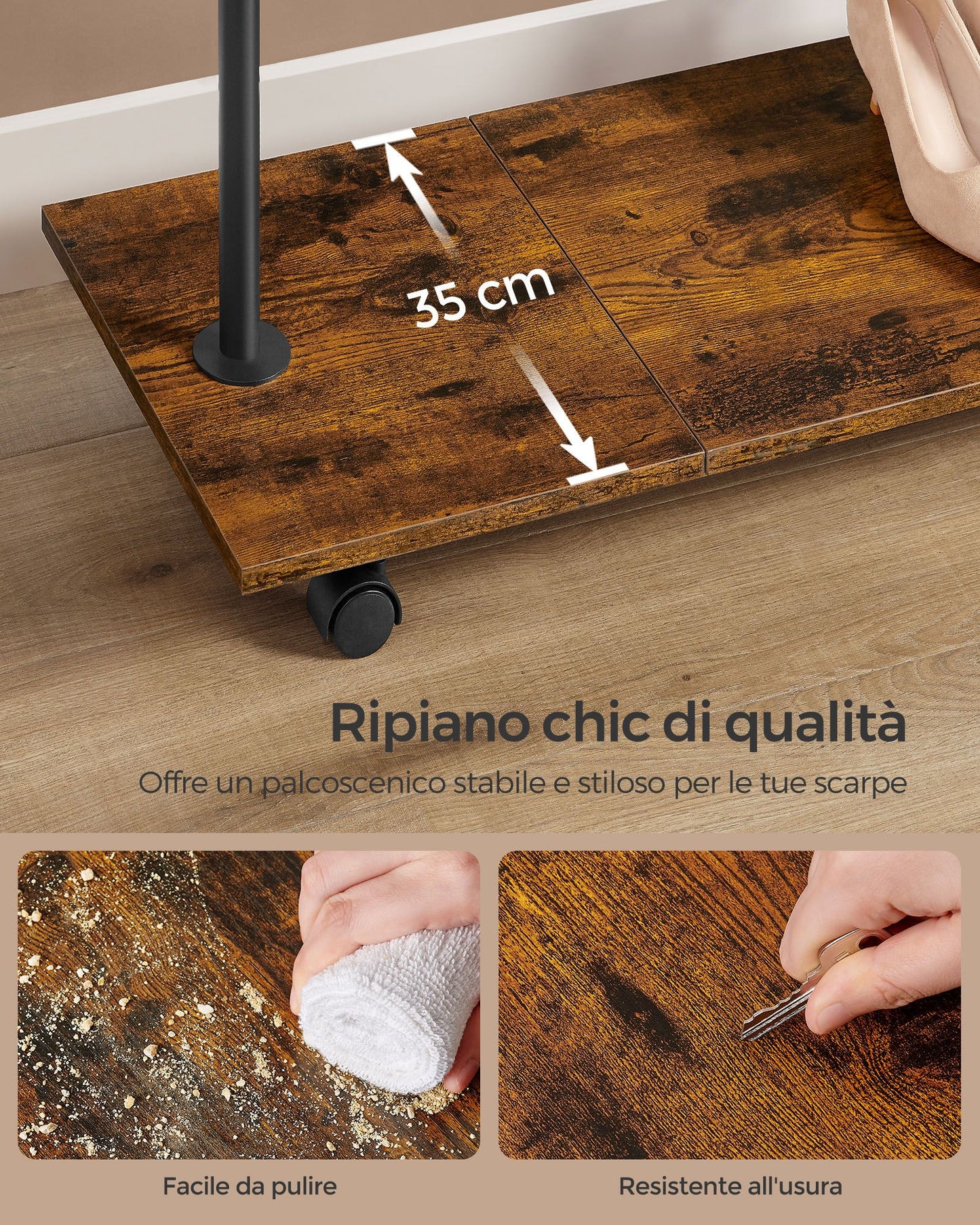 Stand Appendiabiti, Appendiabiti con Ruote, con Ripiano, Largo 98,5cm, Regge 50kg, Marrone Vintage e Nero, SONGMICS, 6