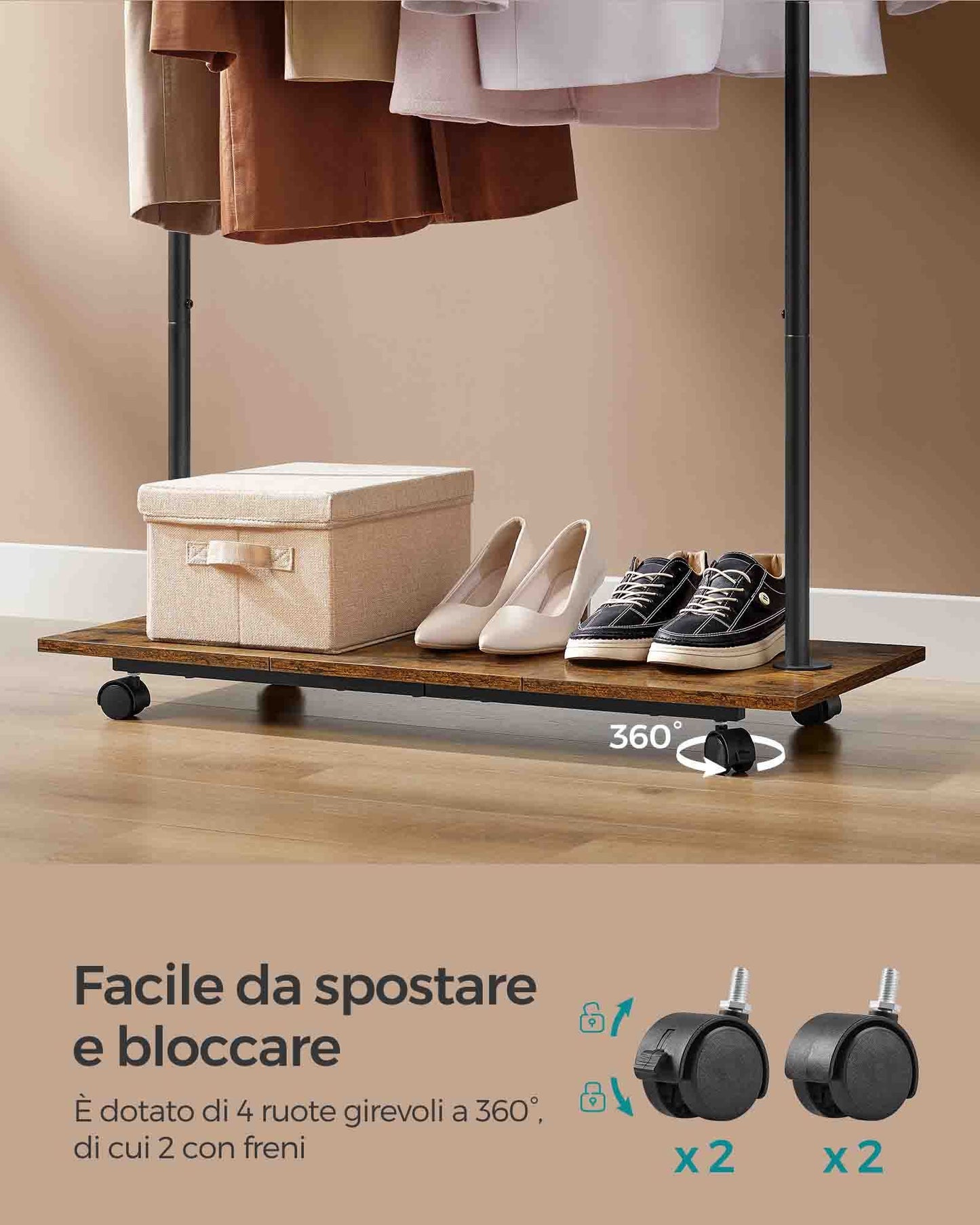 Stand Appendiabiti, Appendiabiti con Ruote, con Ripiano, Largo 98,5cm, Regge 50kg, Marrone Vintage e Nero, SONGMICS, 7