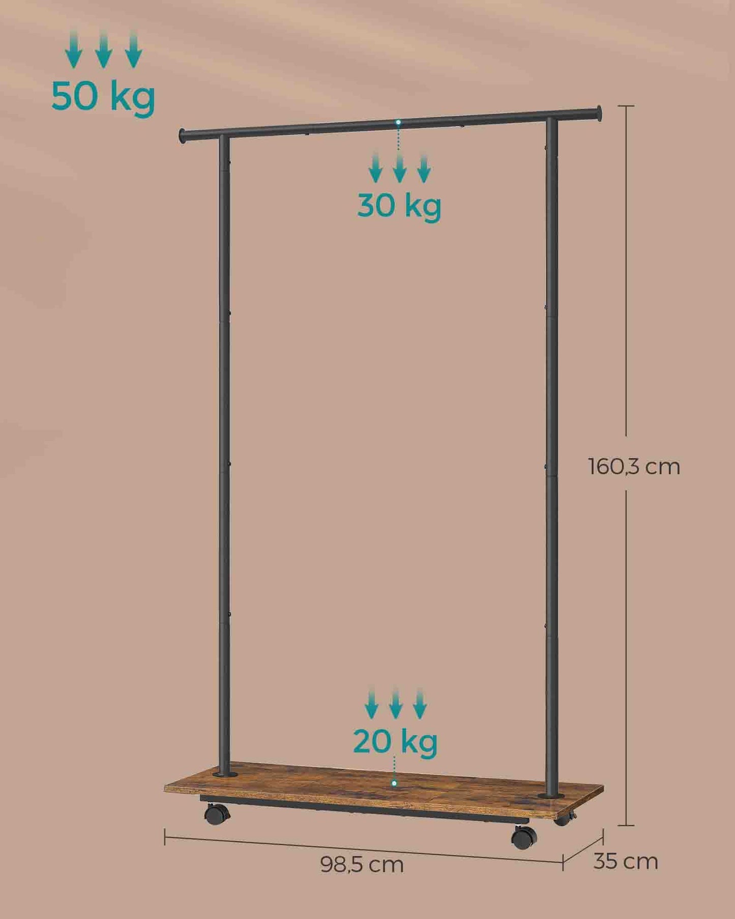 Stand Appendiabiti, Appendiabiti con Ruote, con Ripiano, Largo 98,5cm, Regge 50kg, Marrone Vintage e Nero, SONGMICS, 9