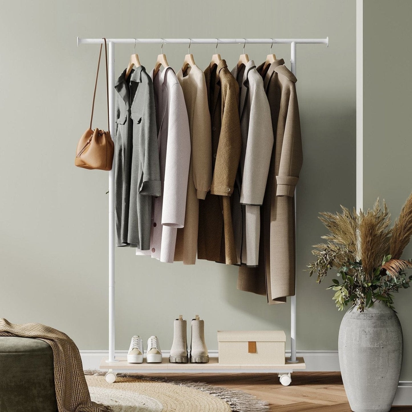 Stand Appendiabiti, Appendiabiti con Ruote, con Ripiano, Largo 98,5cm, Regge 50kg, in Acciaio, Beige Naturale e Bianco, SONGMICS, 1