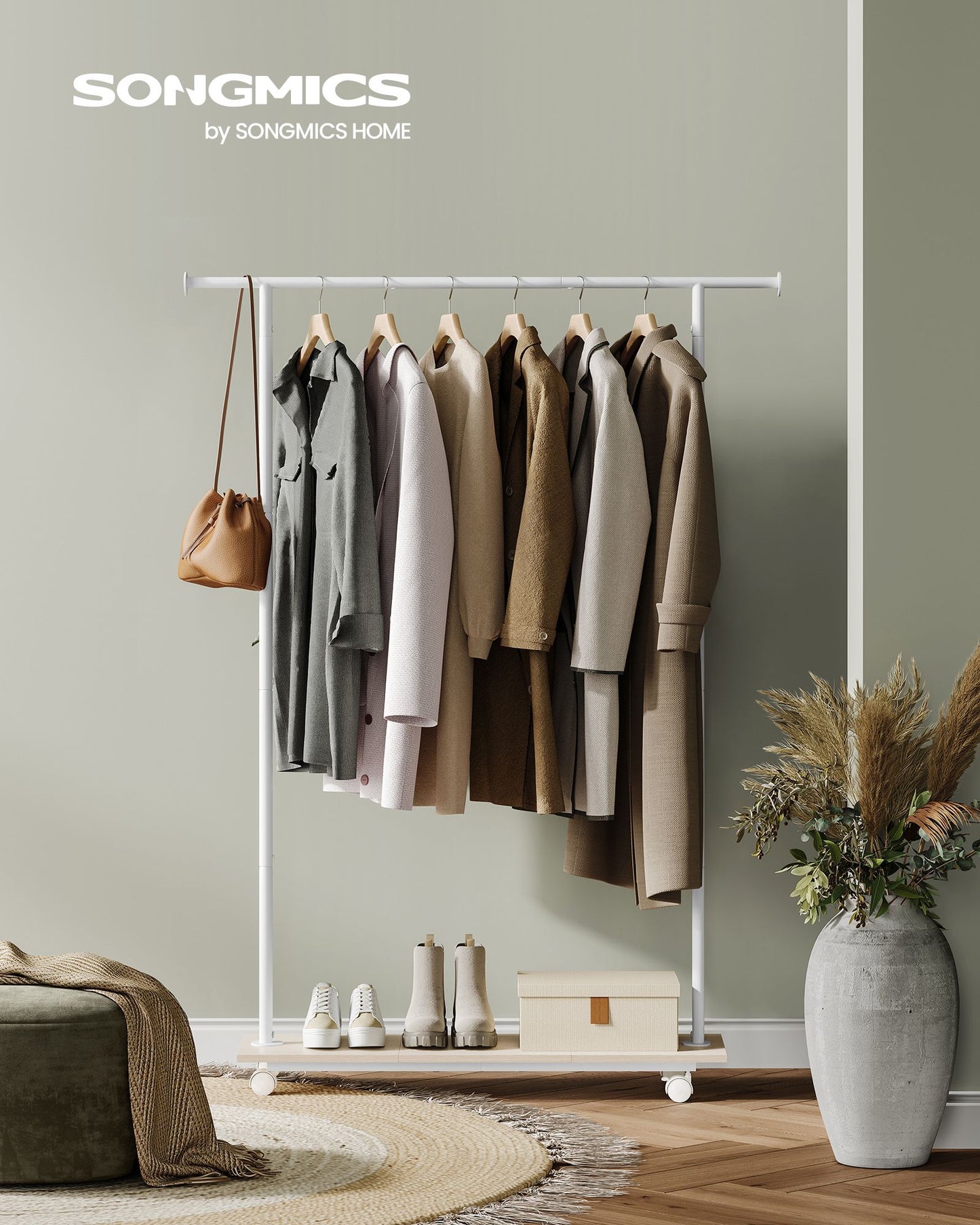 Stand Appendiabiti, Appendiabiti con Ruote, con Ripiano, Largo 98,5cm, Regge 50kg, in Acciaio, Beige Naturale e Bianco, SONGMICS, 3