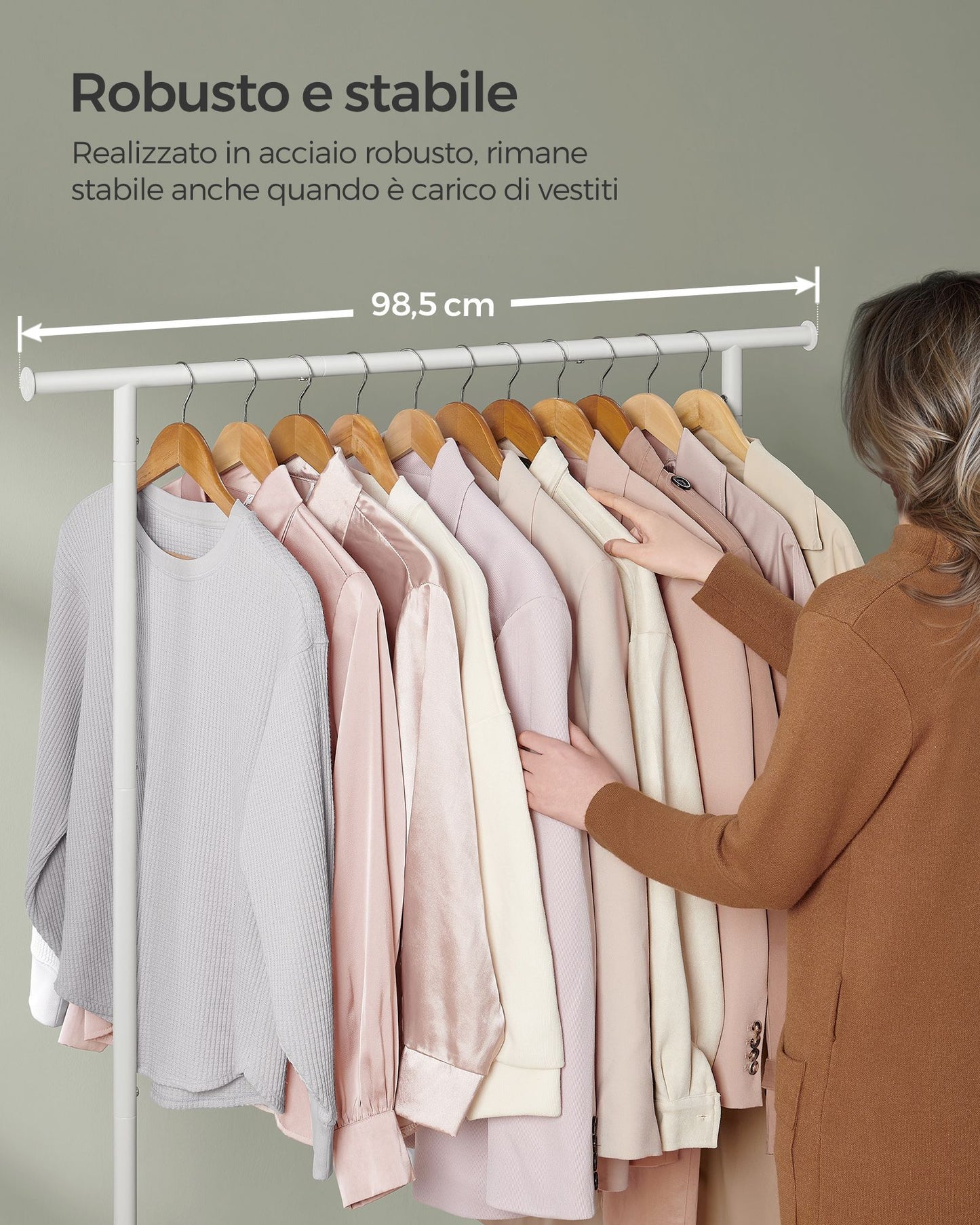 Stand Appendiabiti, Appendiabiti con Ruote, con Ripiano, Largo 98,5cm, Regge 50kg, in Acciaio, Beige Naturale e Bianco, SONGMICS, 5