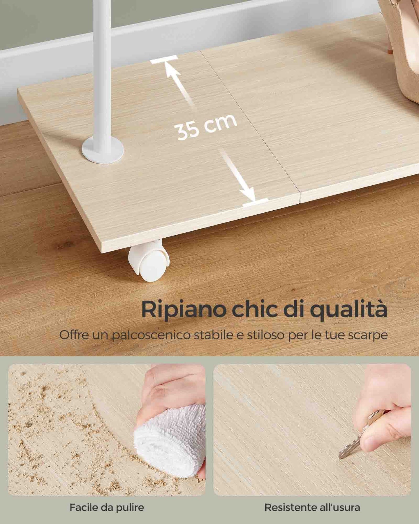 Stand Appendiabiti, Appendiabiti con Ruote, con Ripiano, Largo 98,5cm, Regge 50kg, in Acciaio, Beige Naturale e Bianco, SONGMICS, 6
