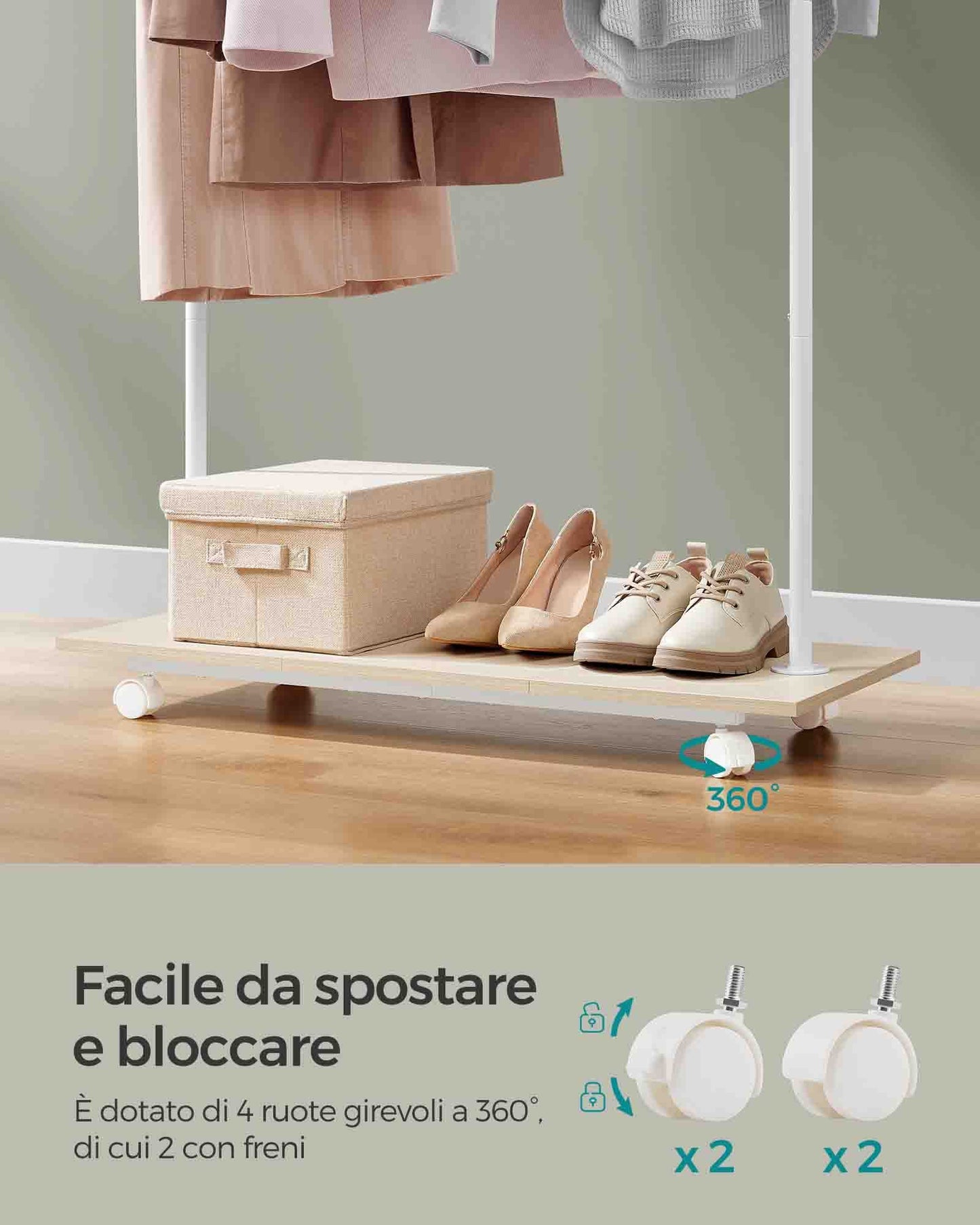 Stand Appendiabiti, Appendiabiti con Ruote, con Ripiano, Largo 98,5cm, Regge 50kg, in Acciaio, Beige Naturale e Bianco, SONGMICS, 7