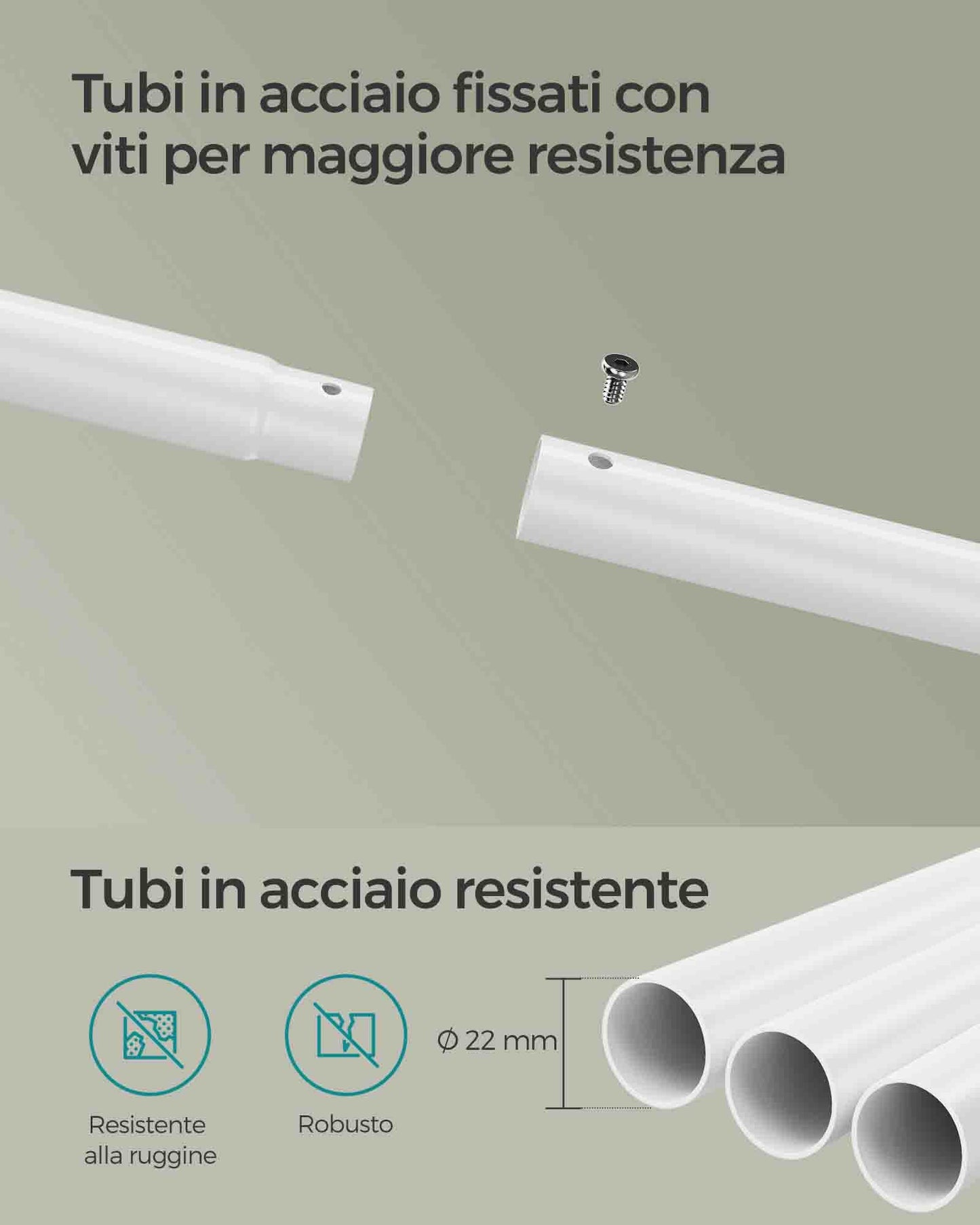 Stand Appendiabiti, Appendiabiti con Ruote, con Ripiano, Largo 98,5cm, Regge 50kg, in Acciaio, Beige Naturale e Bianco, SONGMICS, 8